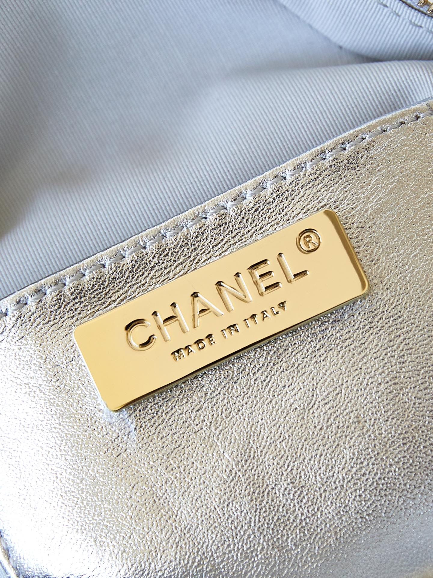 CHANEL Star Handbag Silver Metallic Lambskin Gold Tone Metal