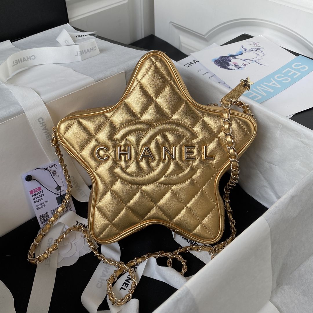 CHANEL Star Handbag Gold Metallic Lambskin Gold Tone Metal