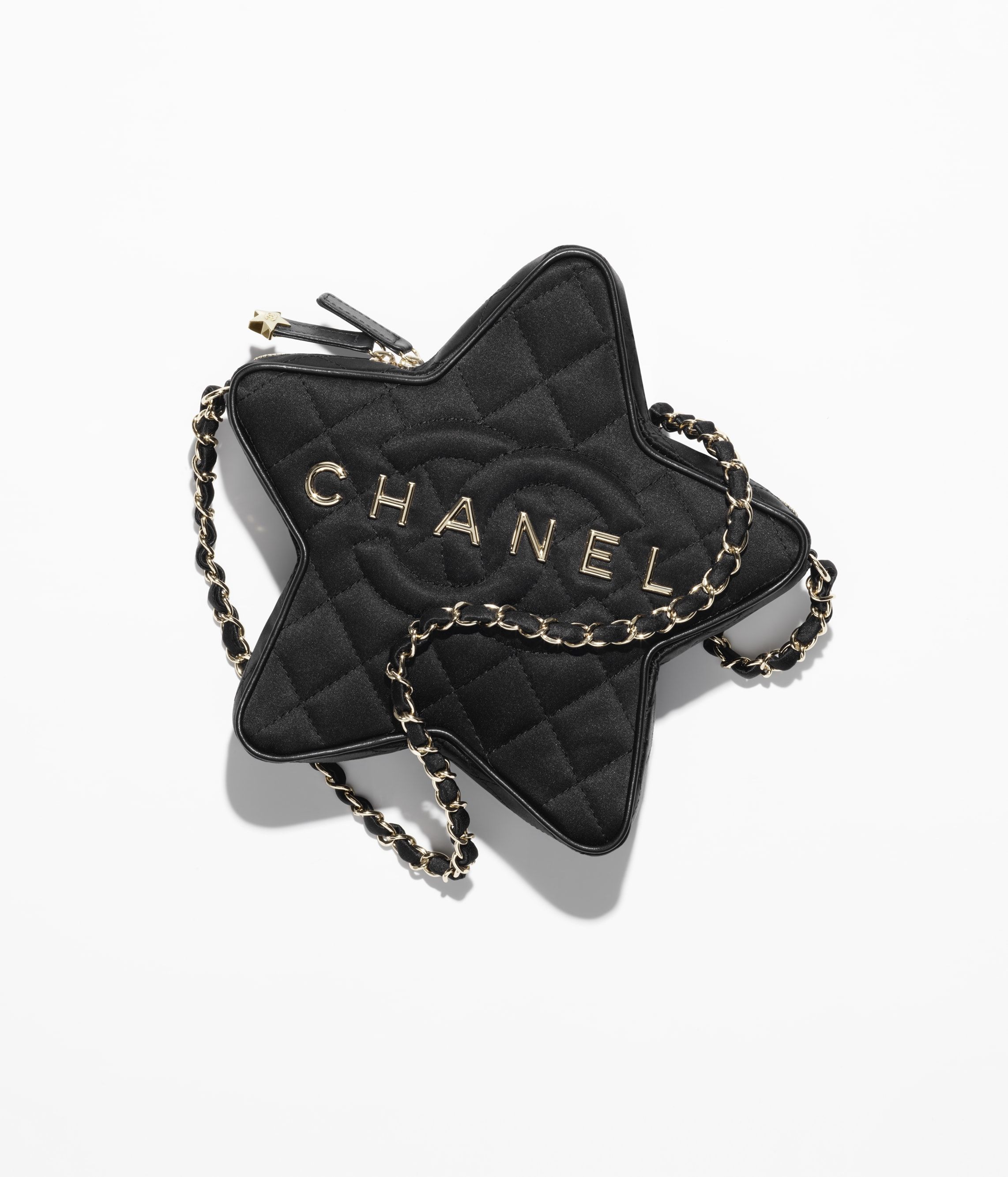 CHANEL Star Handbag Black Satin Gold Tone Metal