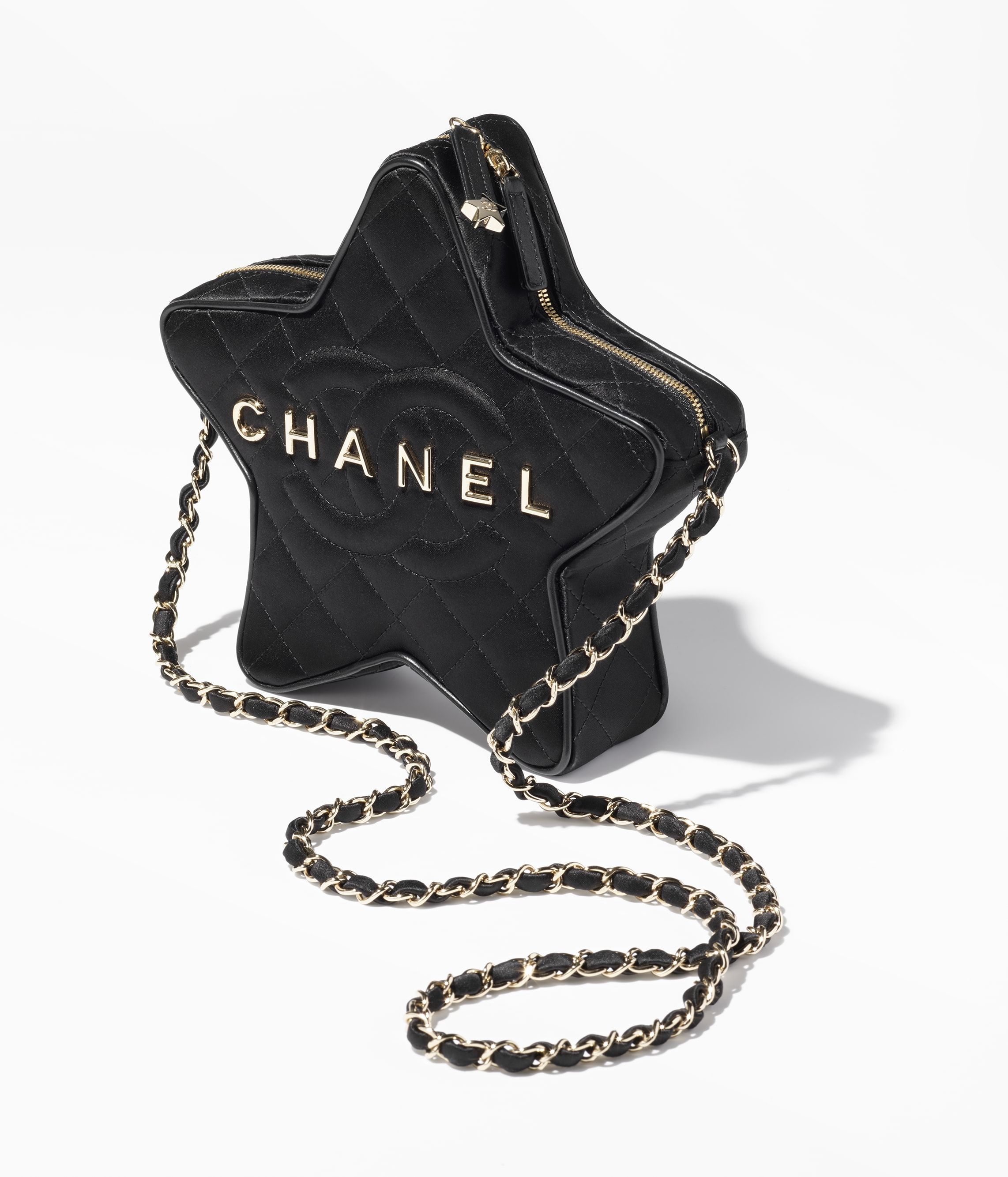 CHANEL Star Handbag Black Satin Gold Tone Metal