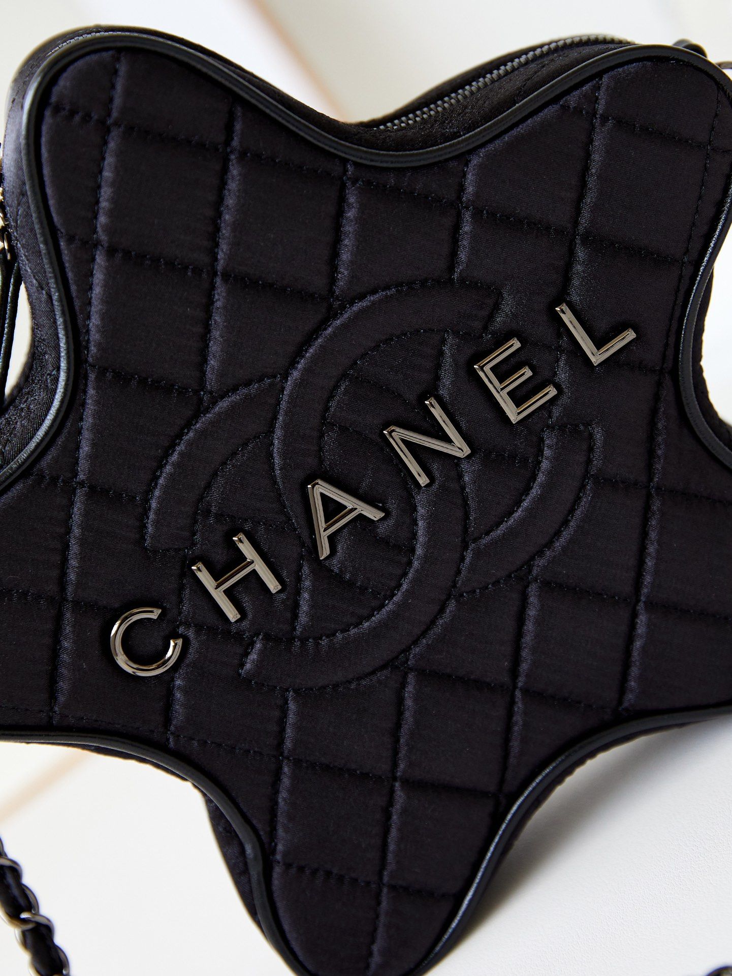 CHANEL Star Handbag Black Satin Gold Tone Metal