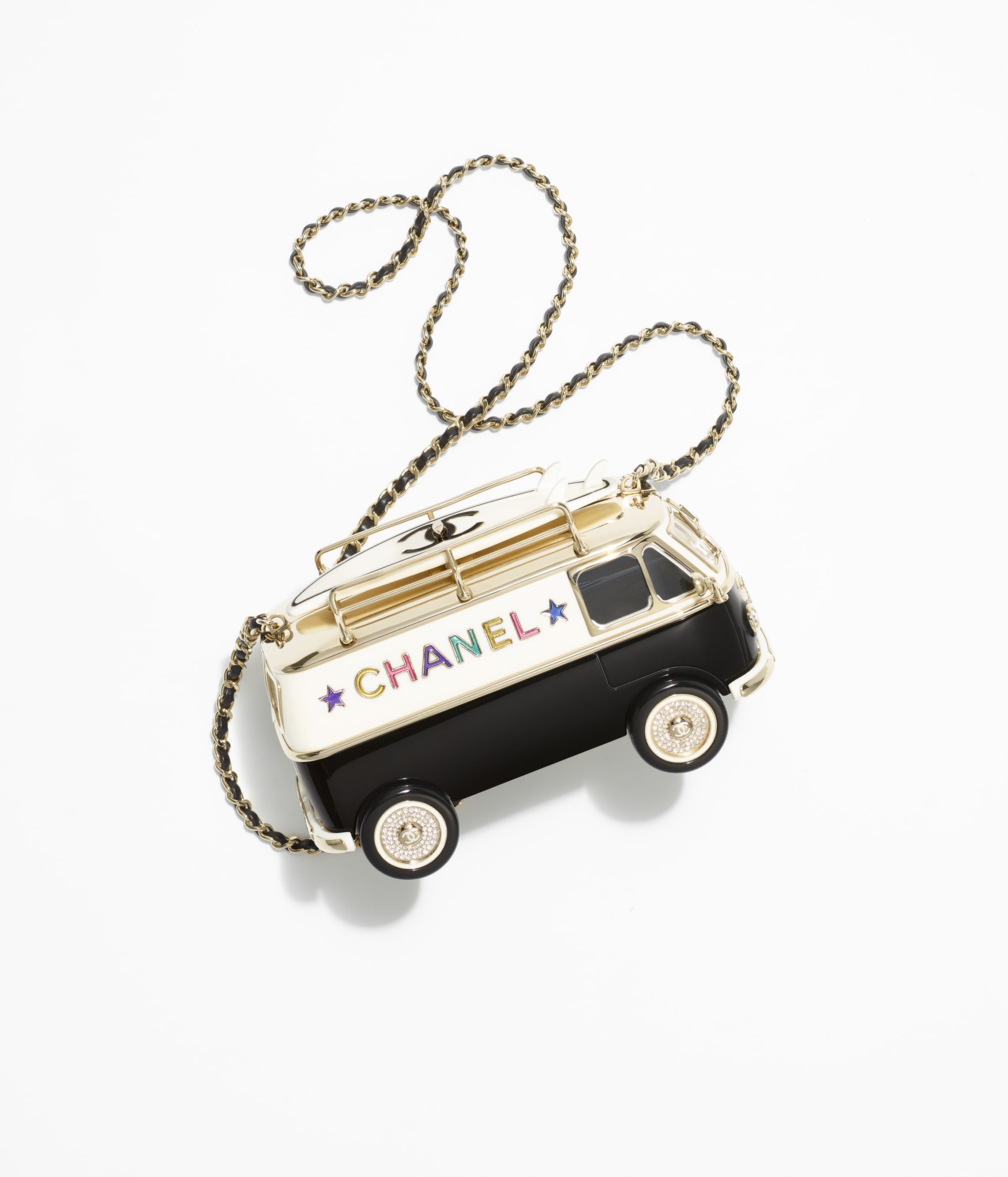 CHANEL Mini Van Minaudiere Black White Gold Plexi Enamel Strass Gold Tone Metal