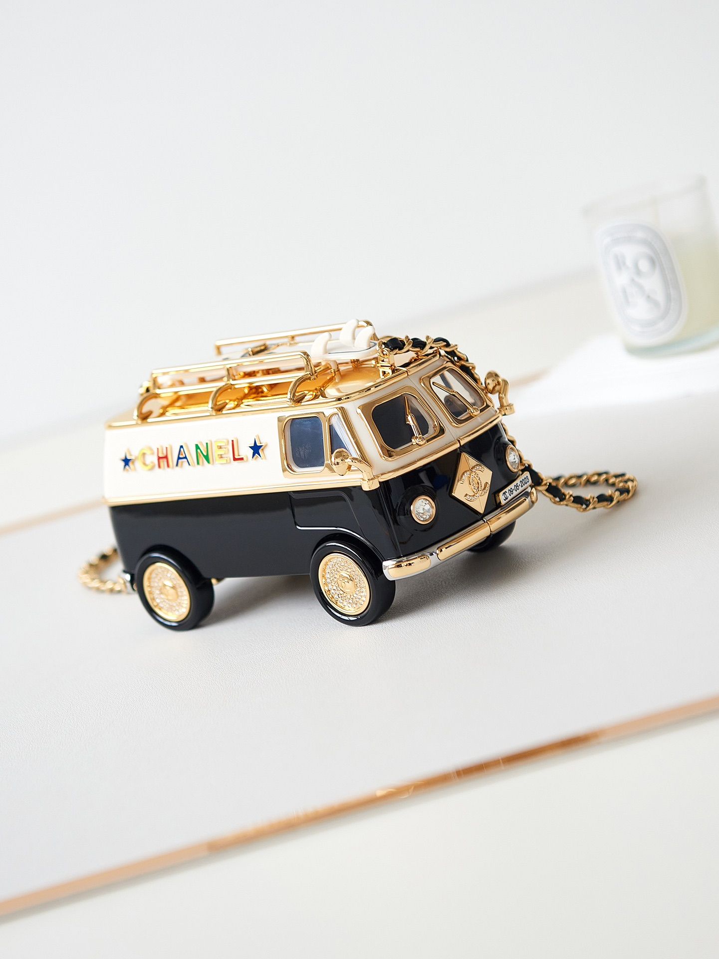 CHANEL Mini Van Minaudiere Black White Gold Plexi Enamel Strass Gold Tone Metal