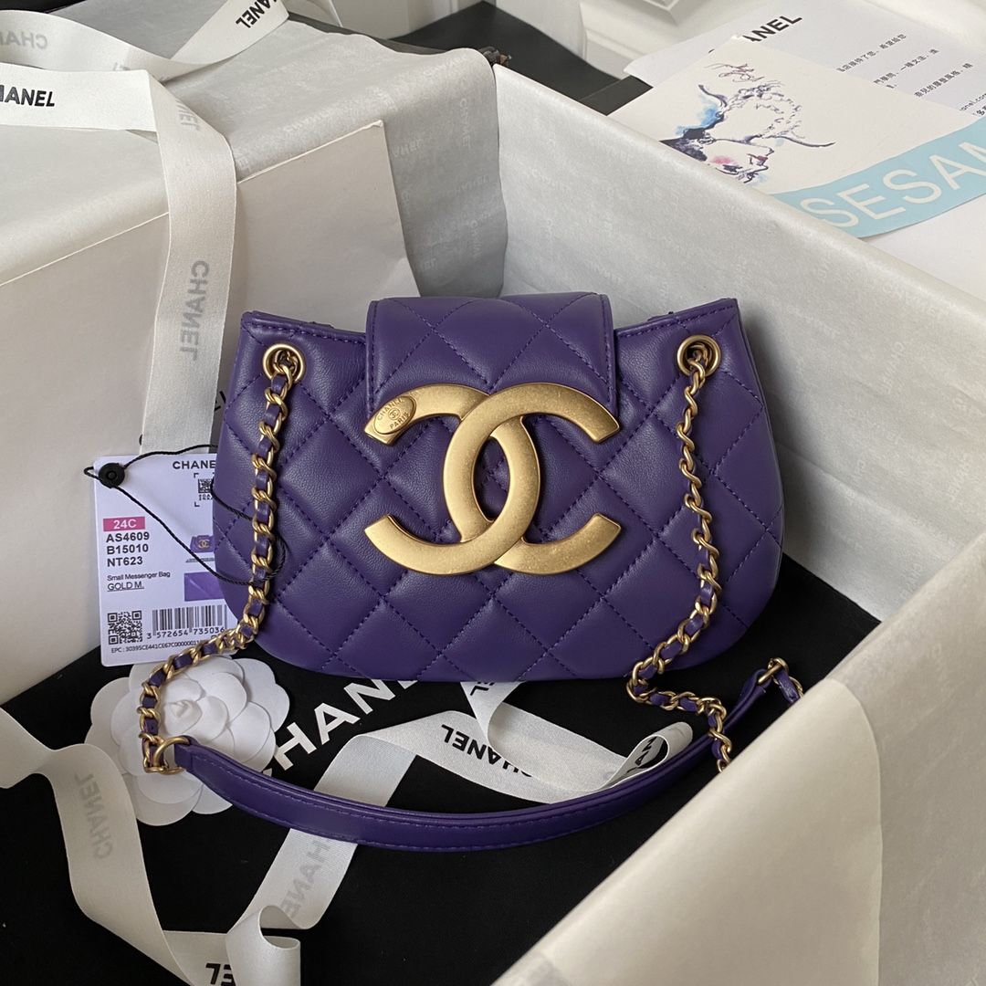 CHANEL Small Messenger Bag Purple Lambskin Gold Tone Metal