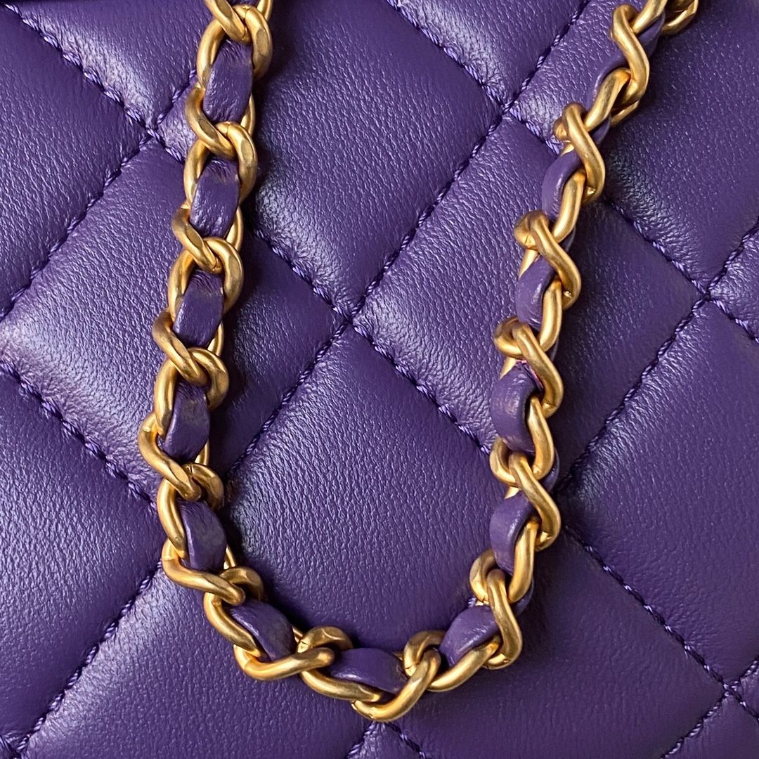 CHANEL Small Messenger Bag Purple Lambskin Gold Tone Metal