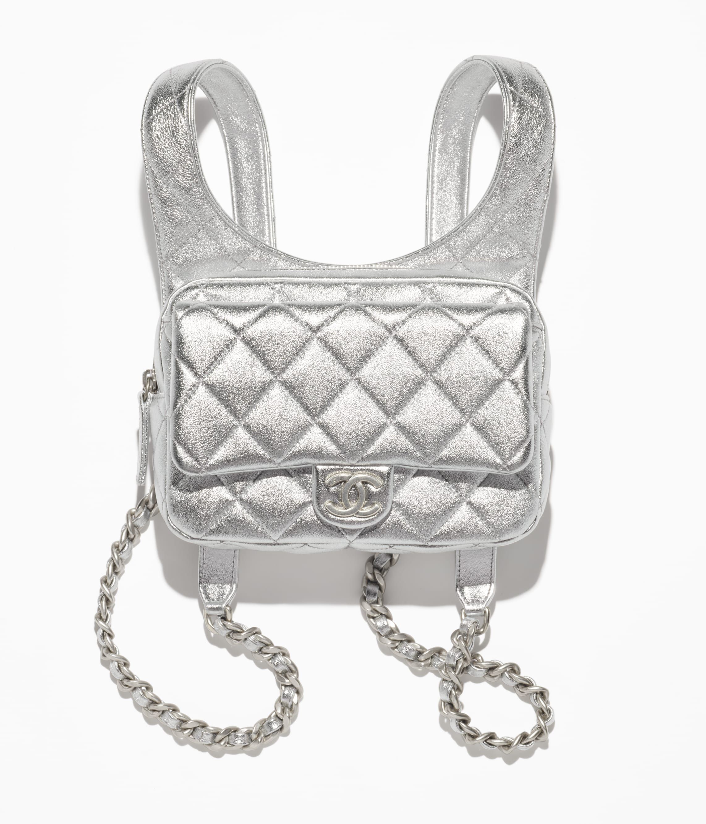 CHANEL Backpack Silver Metallic Lambskin Silver Tone Metal