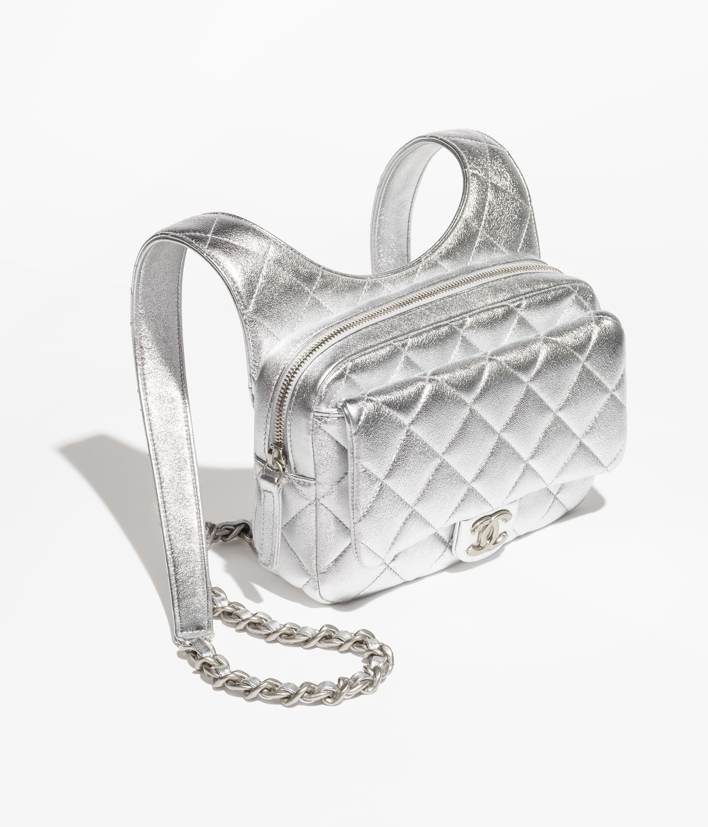 CHANEL Backpack Silver Metallic Lambskin Silver Tone Metal