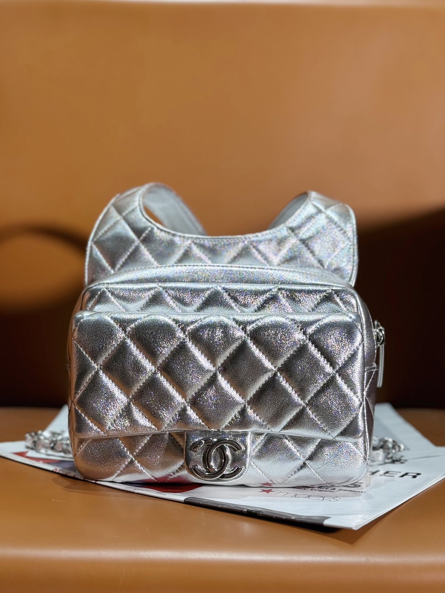 CHANEL Backpack Silver Metallic Lambskin Silver Tone Metal