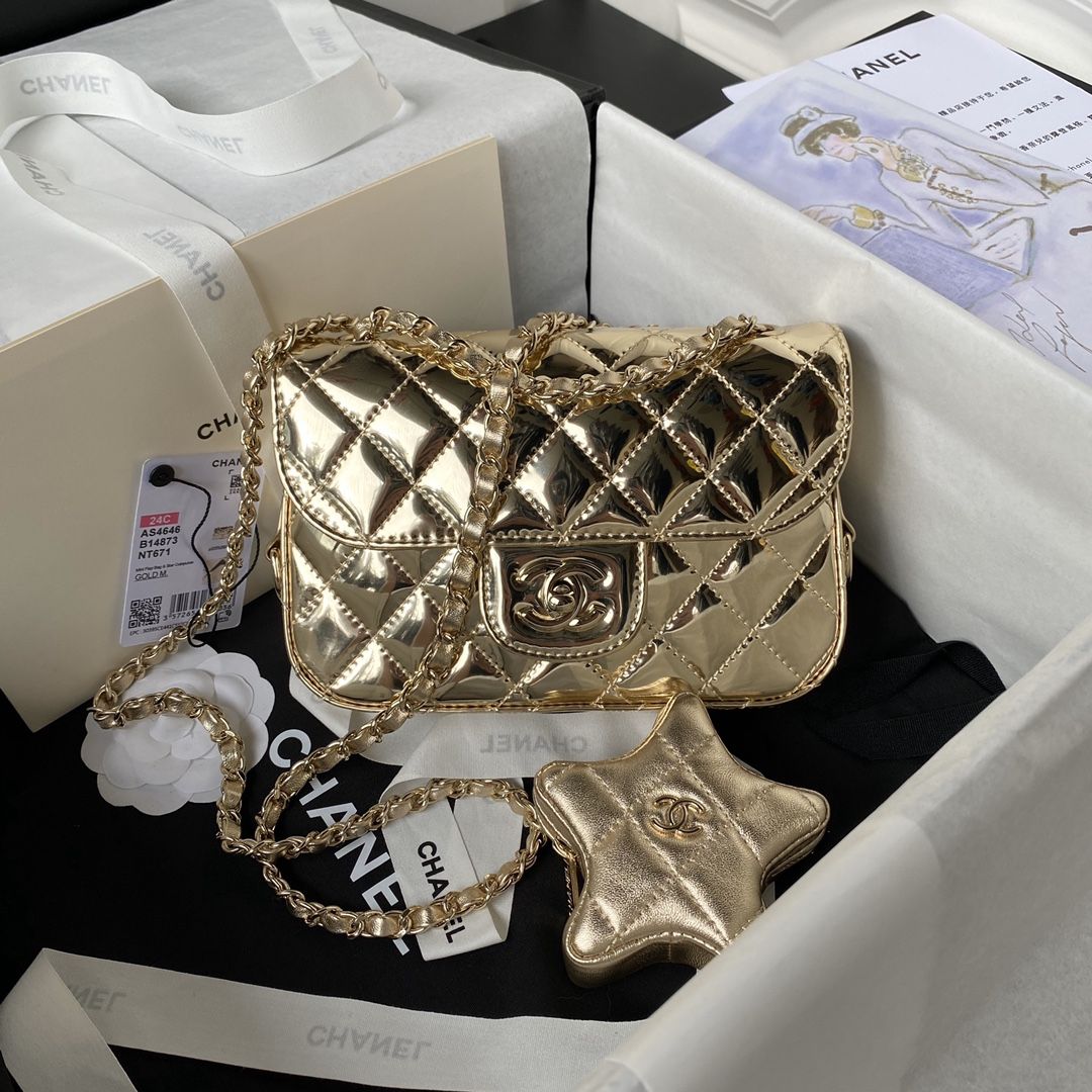 CHANEL Mini Flap Bag Star Coin Purse Light Gold Mirror Calfskin Metallic Calfskin Gold Tone Metal