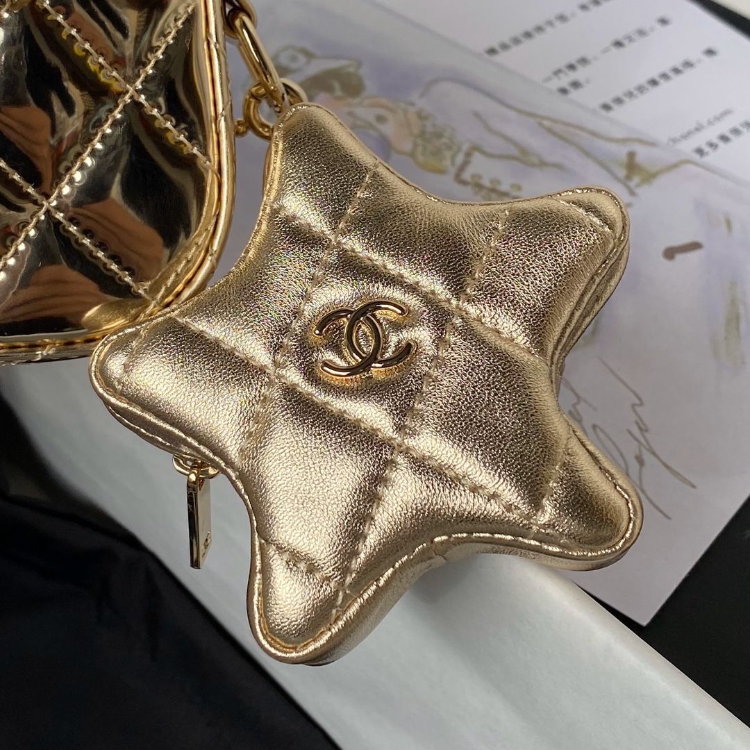 CHANEL Mini Flap Bag Star Coin Purse Light Gold Mirror Calfskin Metallic Calfskin Gold Tone Metal