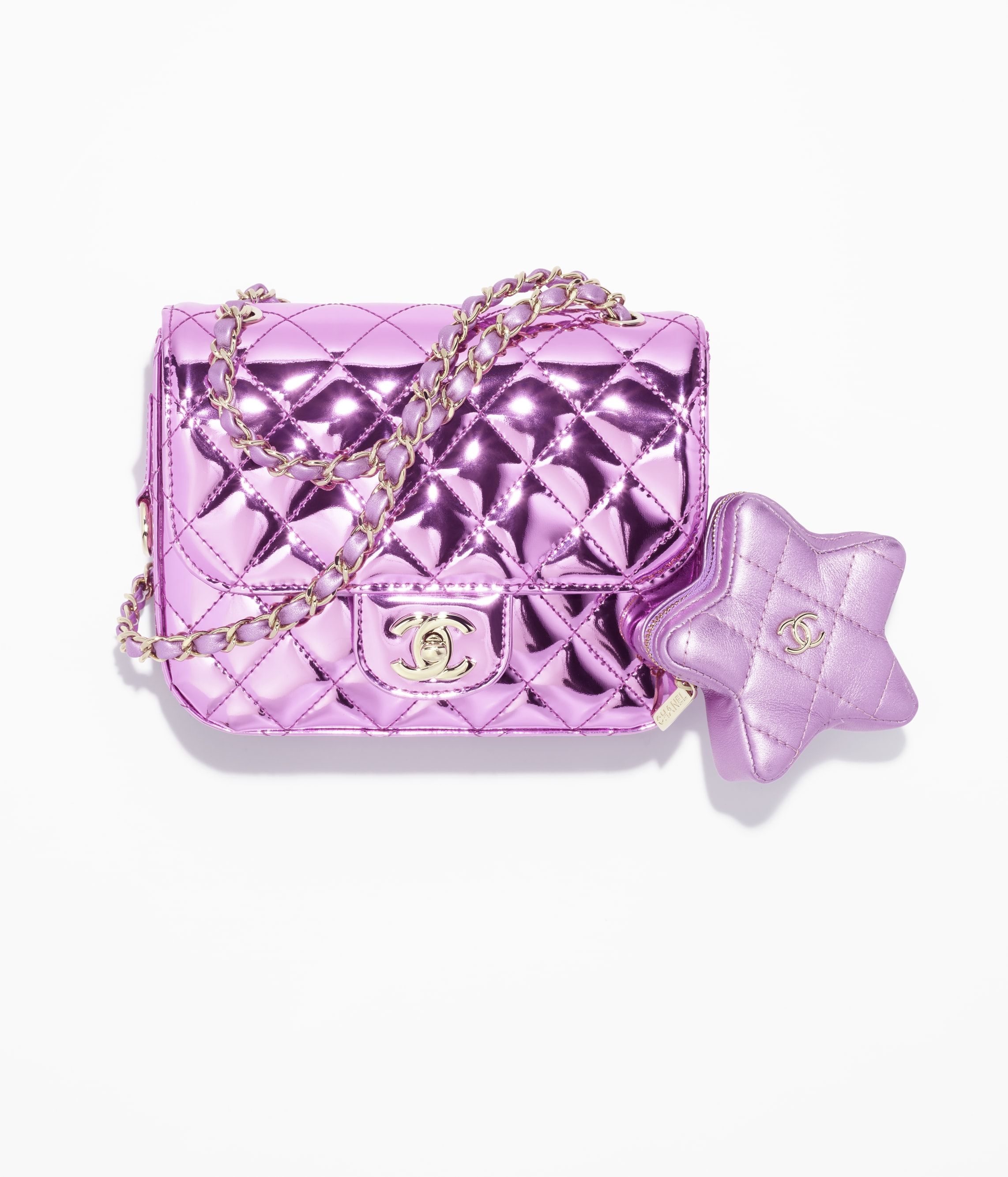 CHANEL Mini Flap Bag Star Coin Purse Light Purple Mirror Calfskin Metallic Calfskin Gold Tone Metal