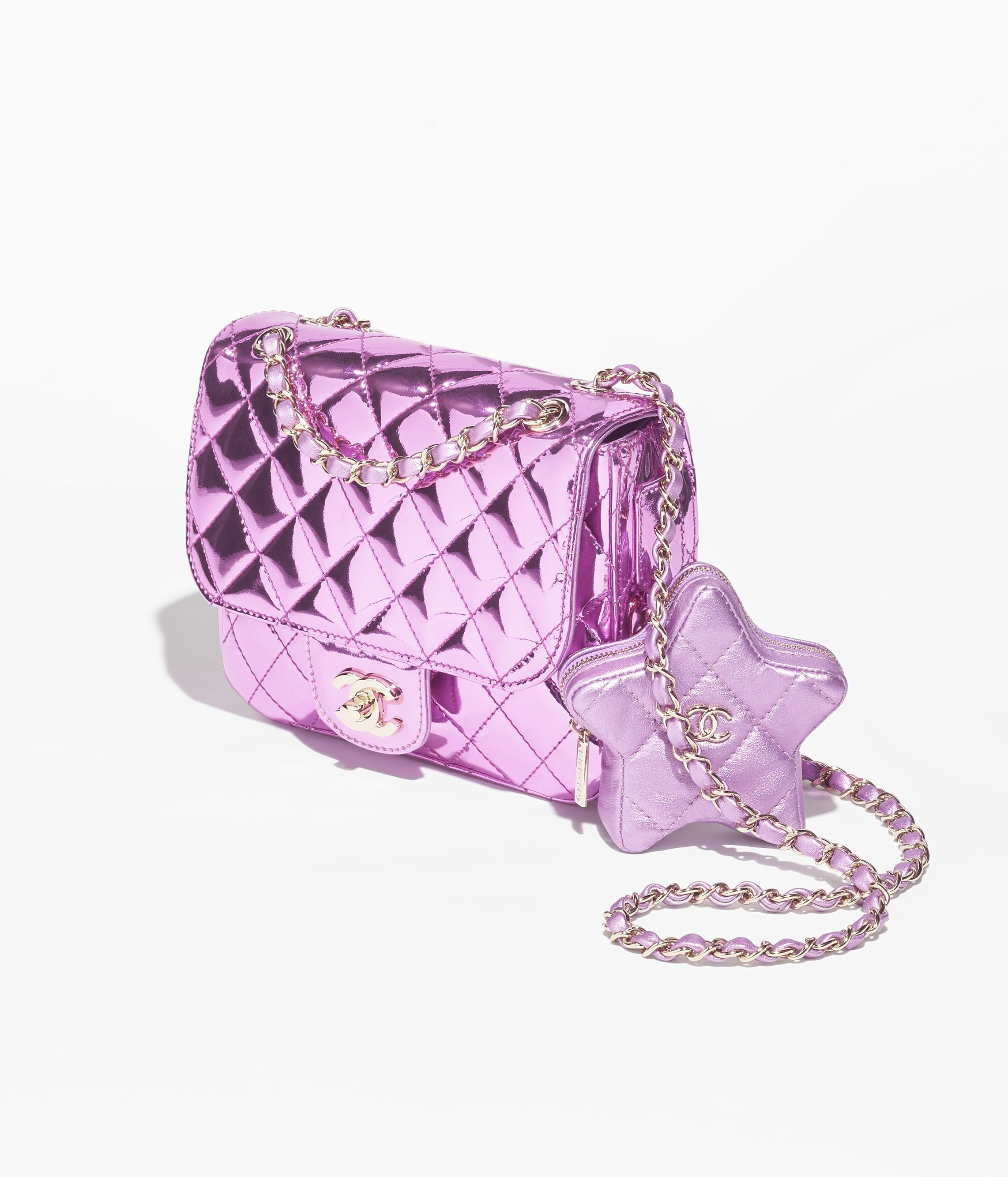 CHANEL Mini Flap Bag Star Coin Purse Light Purple Mirror Calfskin Metallic Calfskin Gold Tone Metal