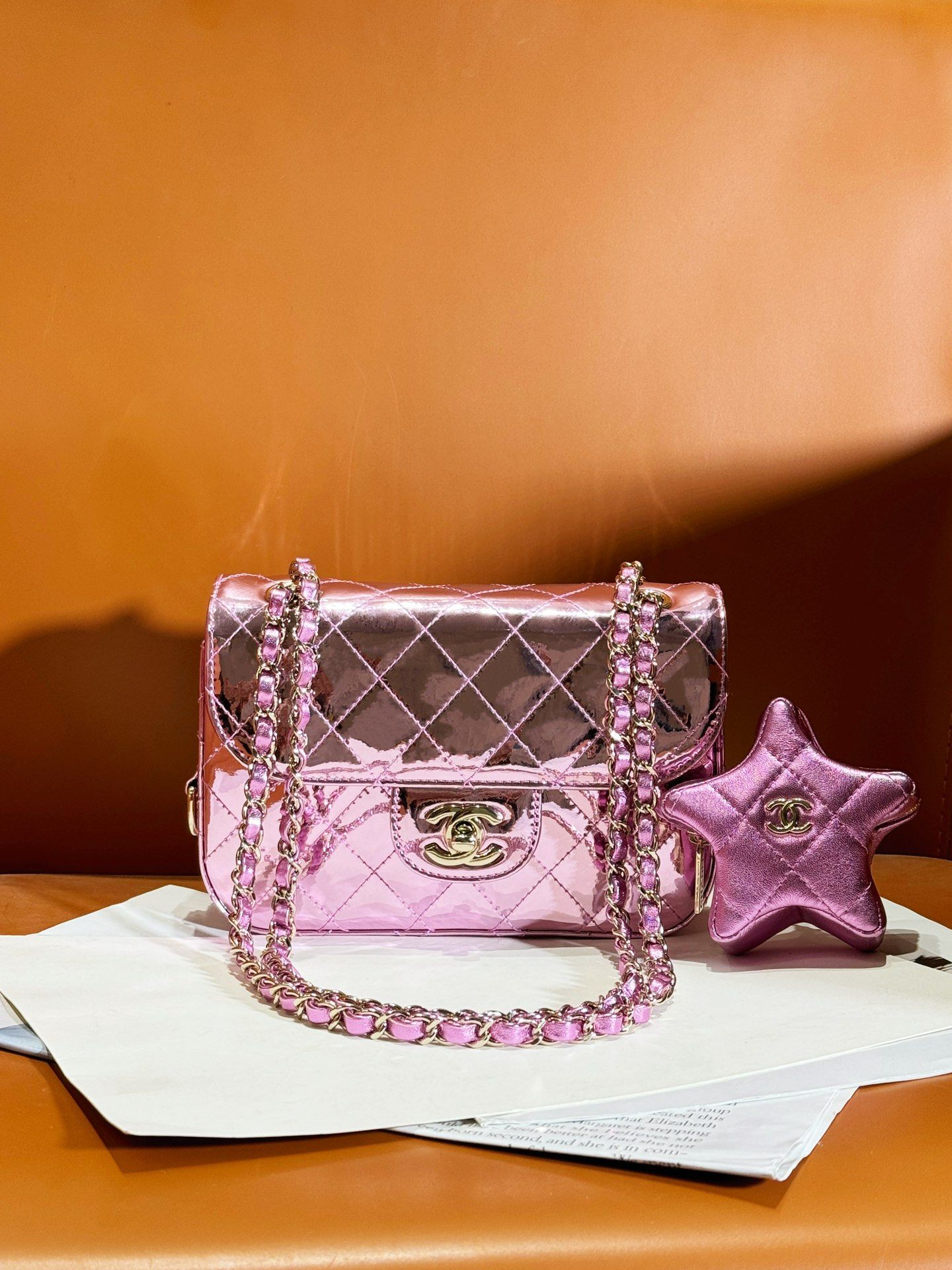 CHANEL Mini Flap Bag Star Coin Purse Light Purple Mirror Calfskin Metallic Calfskin Gold Tone Metal