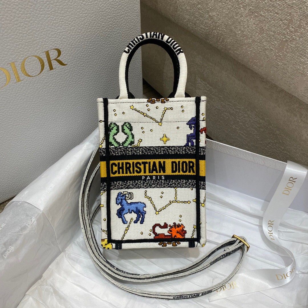 Dior Mini Book Tote Phone Bag In White Pixel Zodiac Embroidery