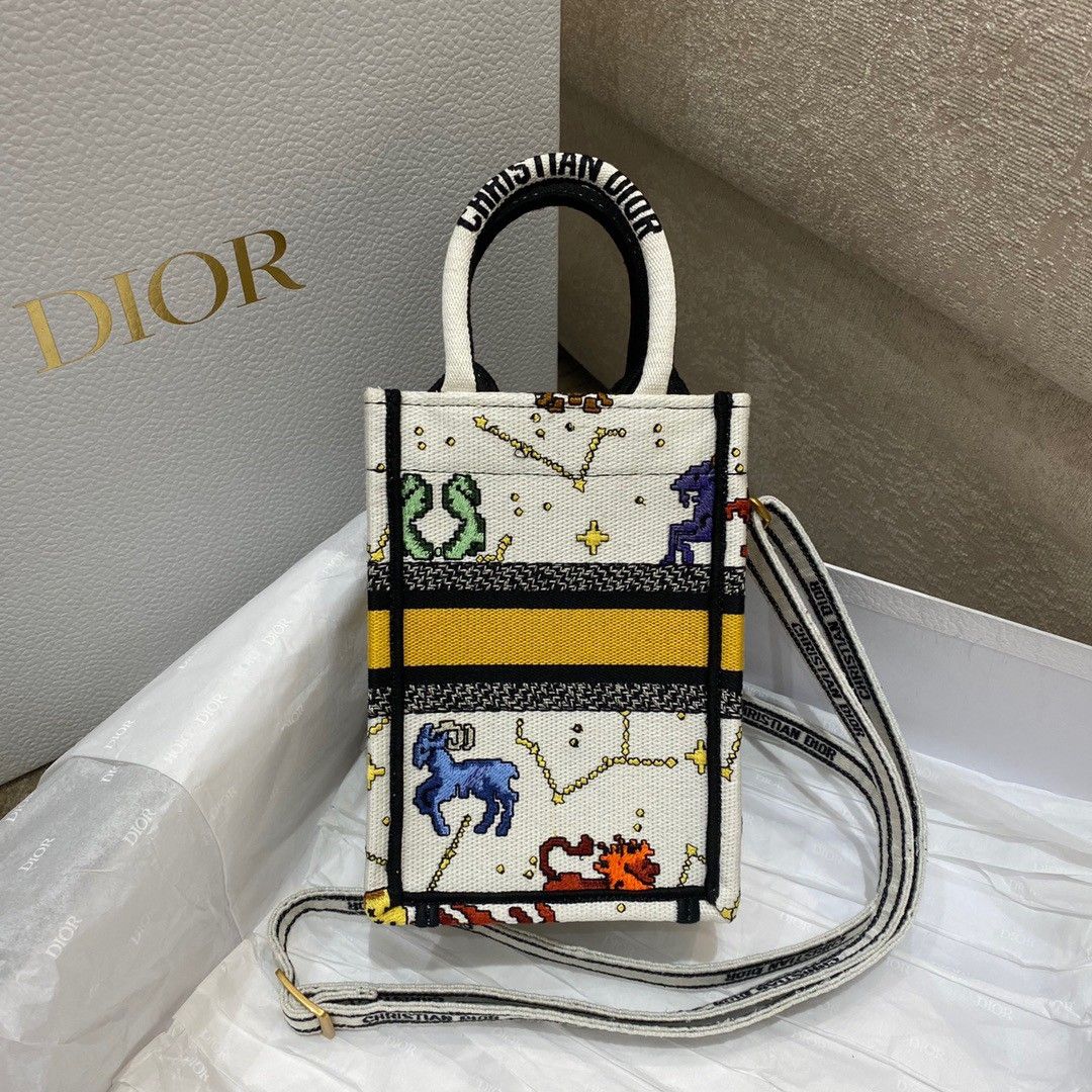 Dior Mini Book Tote Phone Bag In White Pixel Zodiac Embroidery