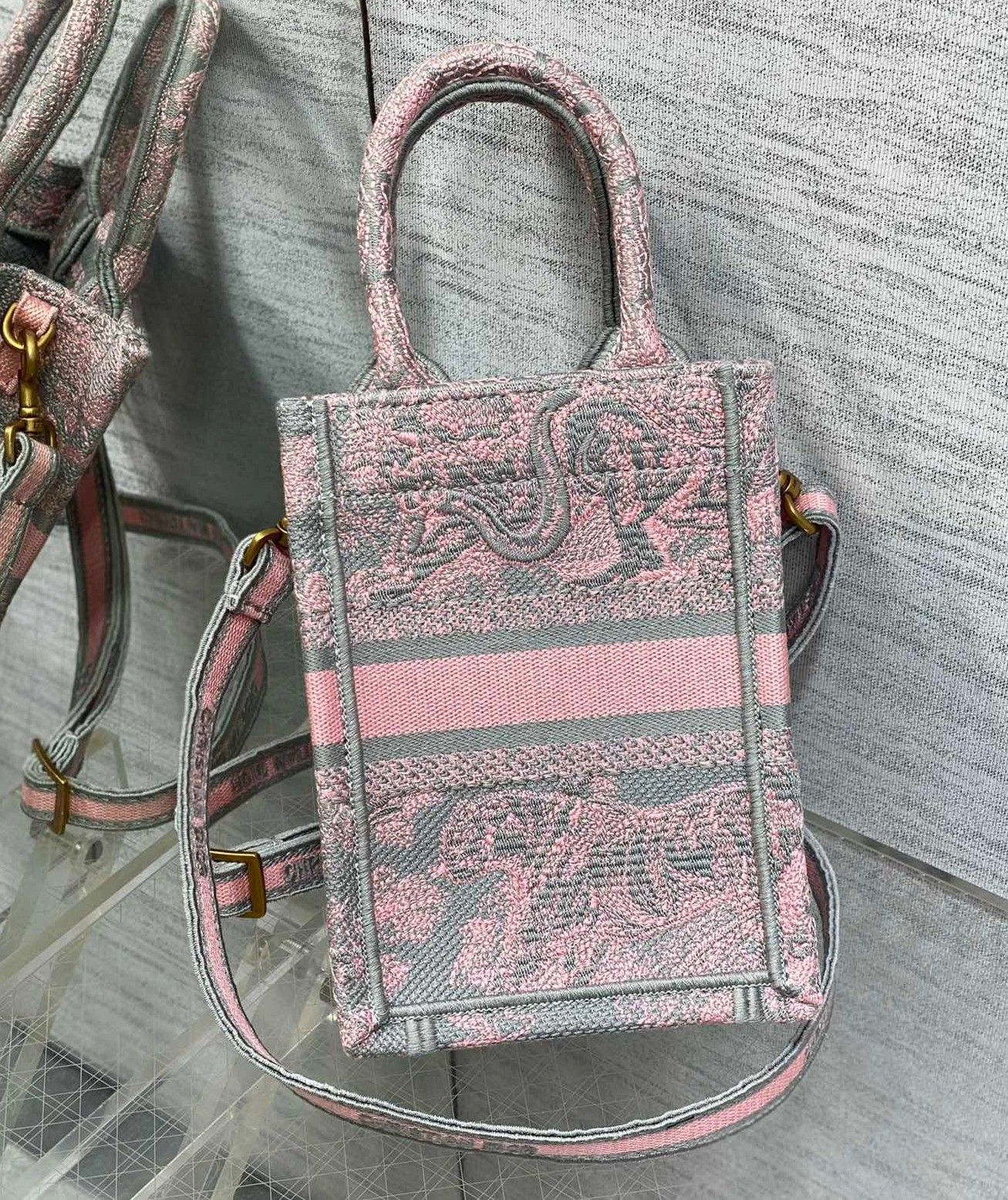 Dior Mini Dioriviera Book Tote Phone Bag In Pink Toile de Jouy Reverse Embroidery