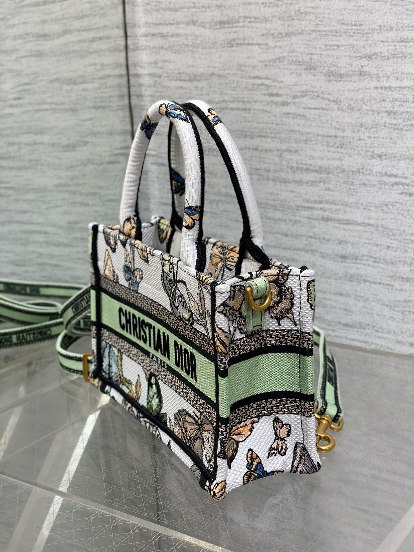 Dior Mini Book Tote with Strap in White Toile de Jouy Mexico Embroidery