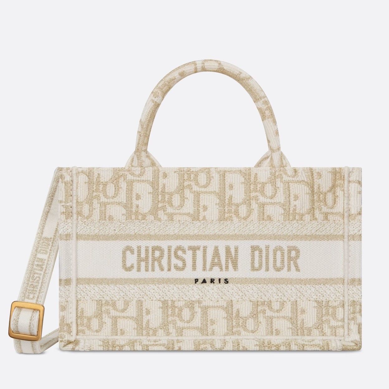 Dior Mini Book Tote with Strap in Gold-Tone Dior Oblique Embroidery