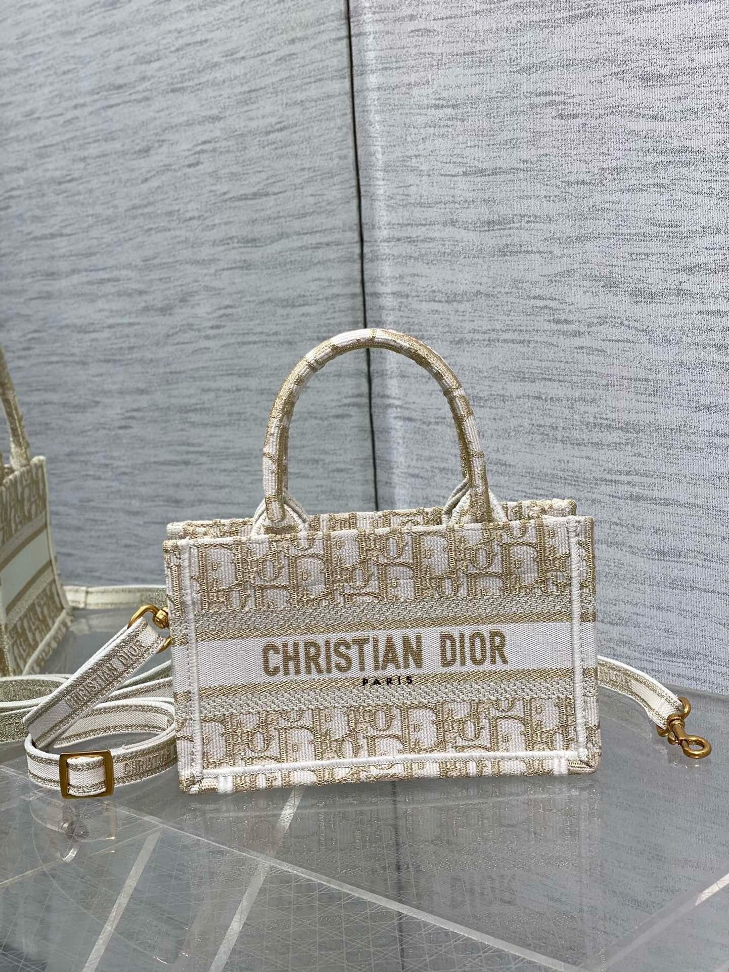 Dior Mini Book Tote with Strap in Gold-Tone Dior Oblique Embroidery