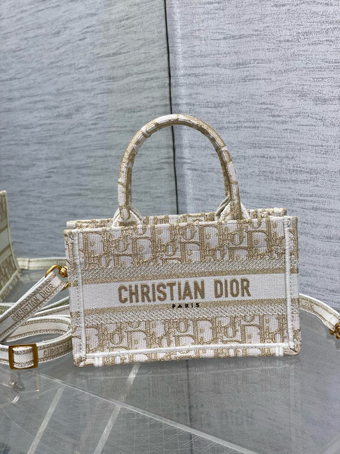 Dior Mini Book Tote with Strap in Gold-Tone Dior Oblique Embroidery