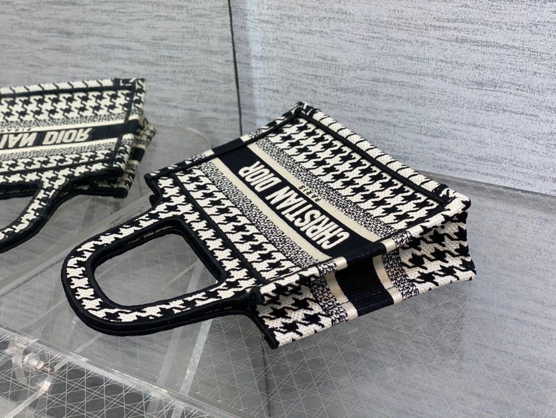 Dior Mini Book Tote Bag In Micro Houndstooth Embroidery