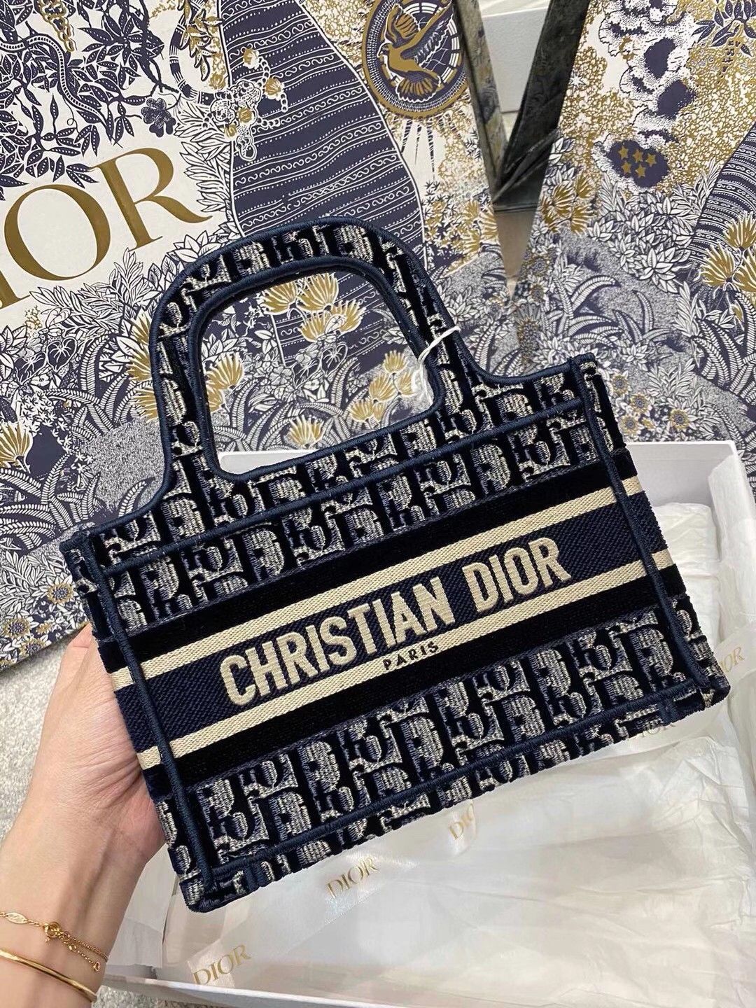 Dior Mini Book Tote Bag In Blue Velvet Oblique Embroidered