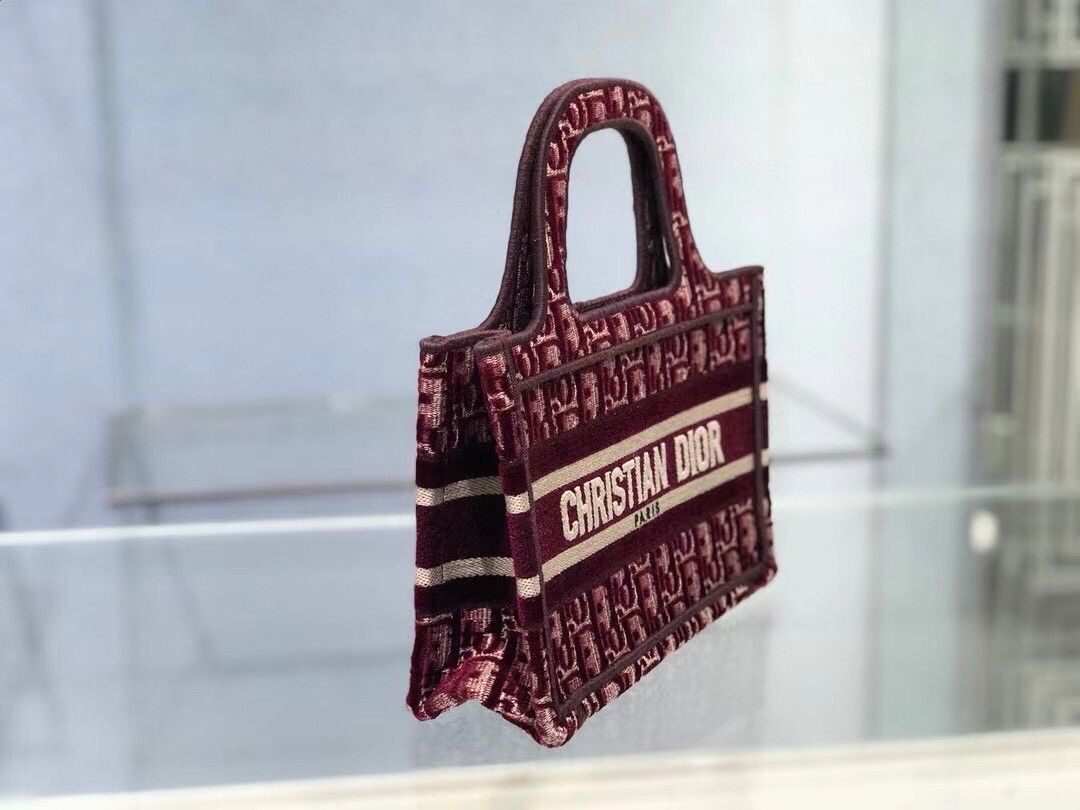 Dior Mini Book Tote Bag In Bordeaux Velvet Oblique Embroidered