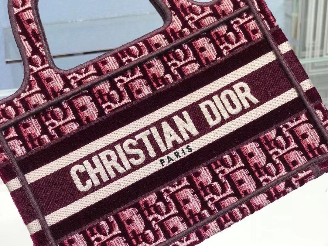 Dior Mini Book Tote Bag In Bordeaux Velvet Oblique Embroidered