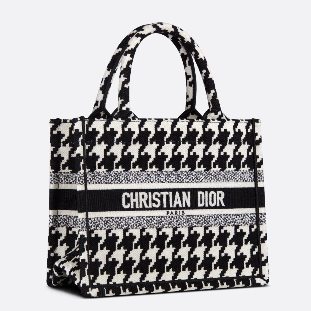 Dior Small Book Tote Bag In Micro Houndstooth Embroidery