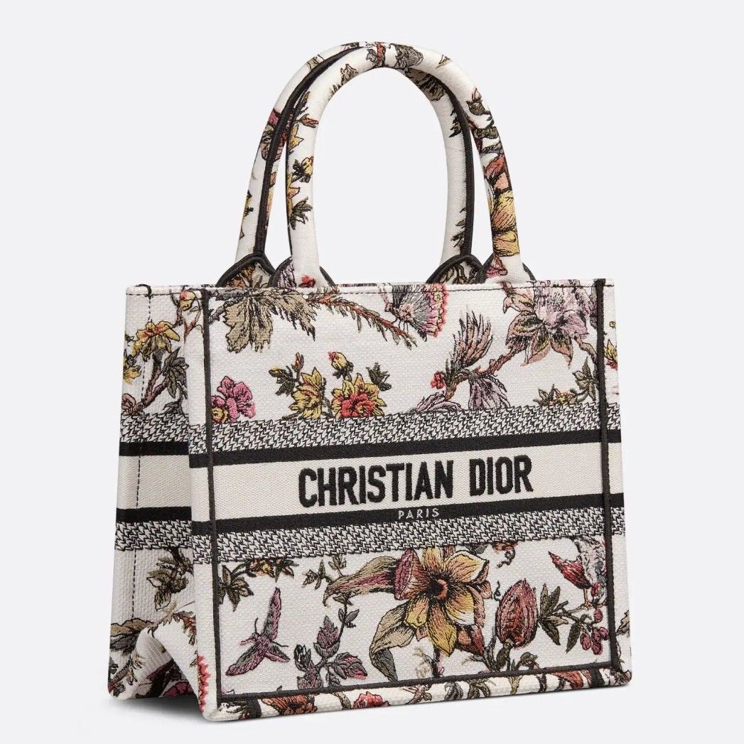 Dior Small Book Tote Bag In White Jardin Botanique Embroidery