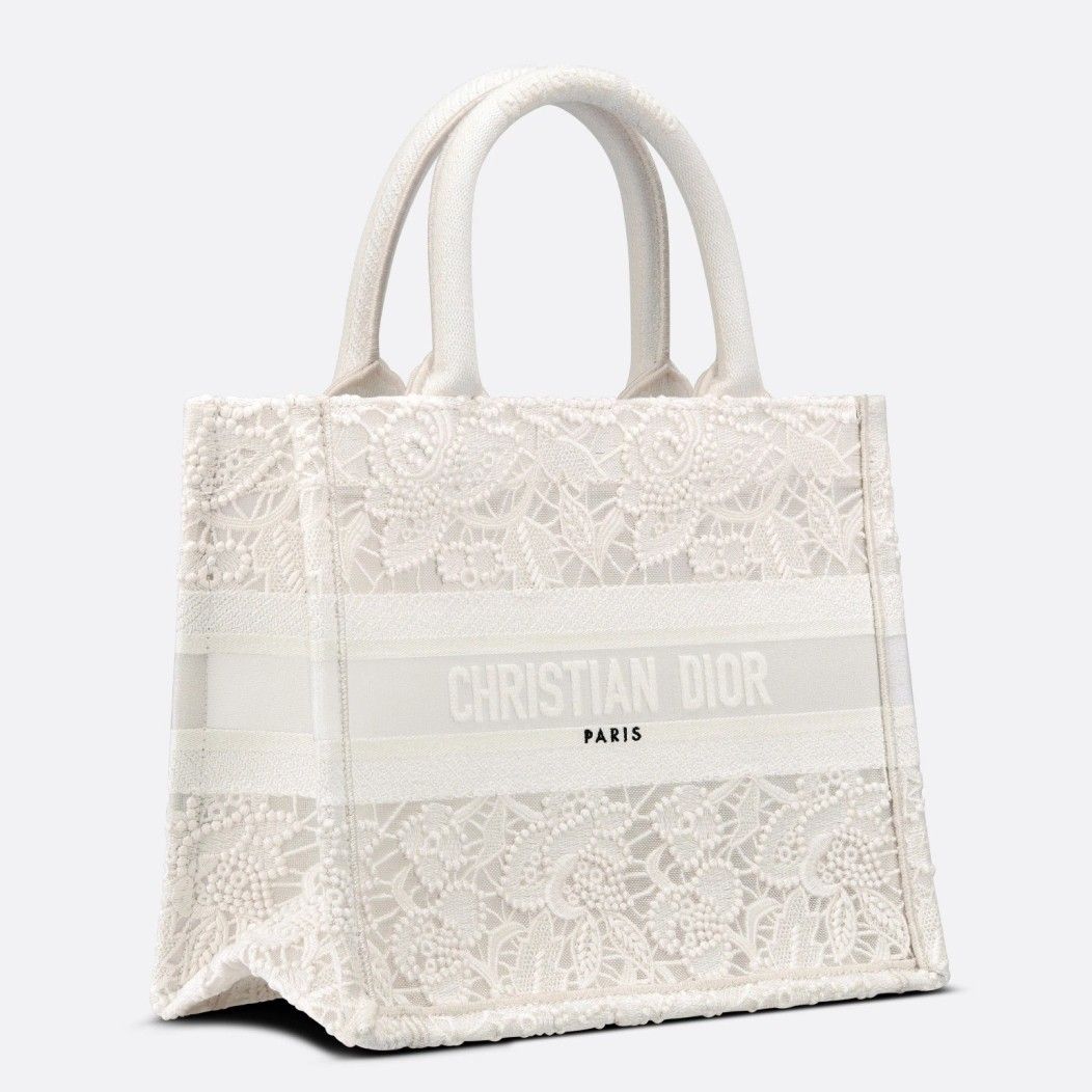 Dior Small Book Tote Bag In Natural Macrame-Effect Embroidery