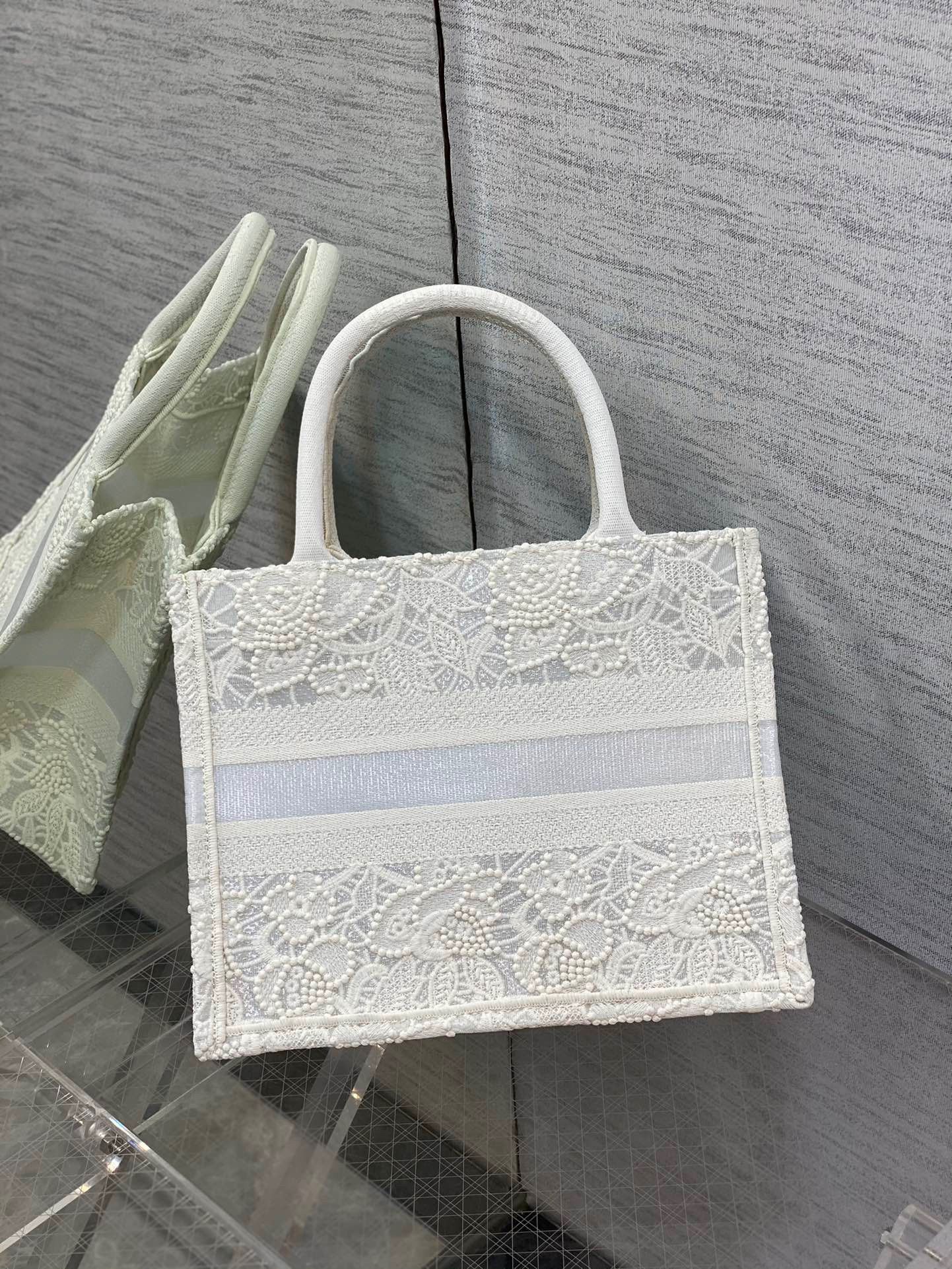 Dior Small Book Tote Bag In Natural Macrame-Effect Embroidery