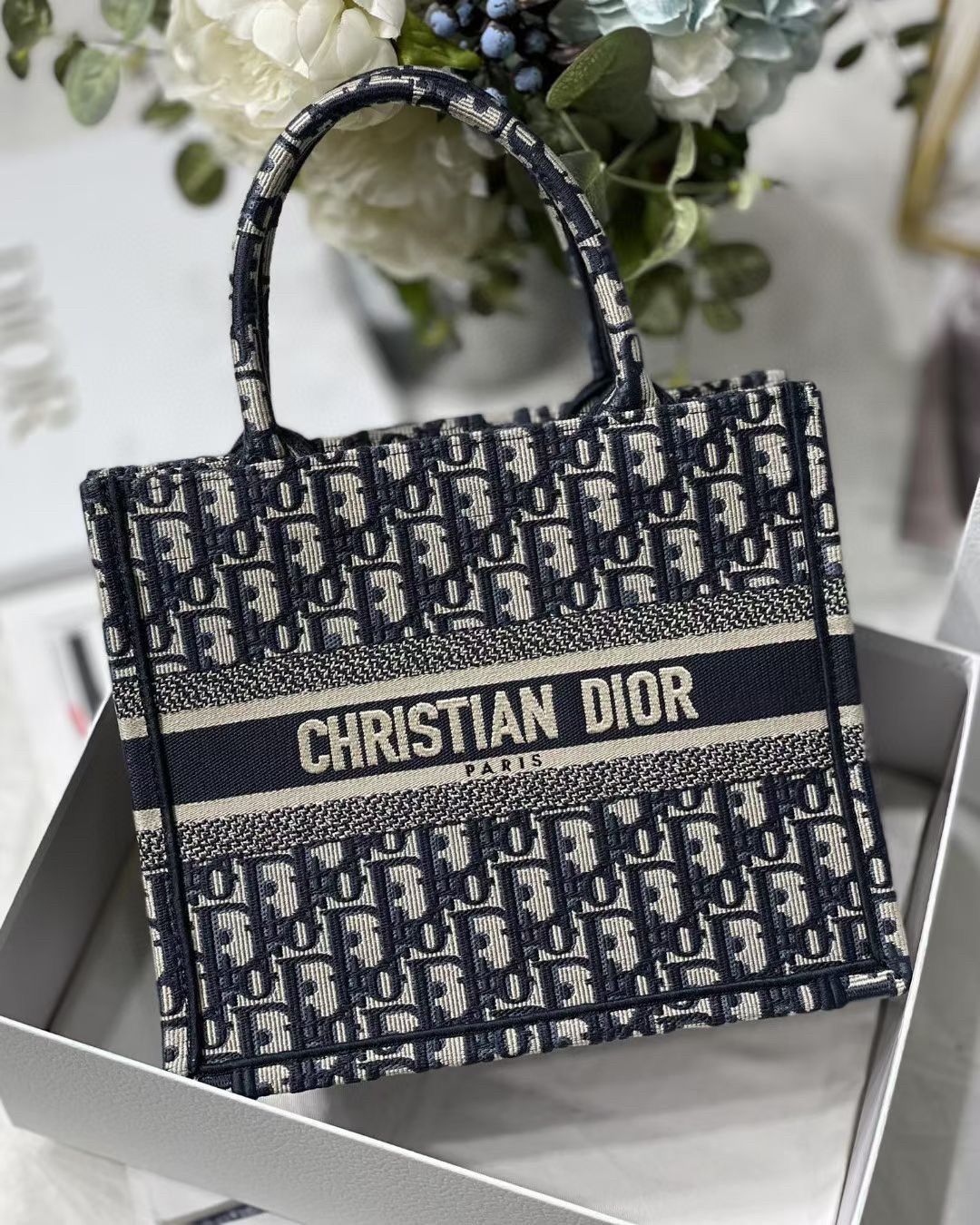 Dior Small Book Tote Bag In Blue Dior Oblique Embroidery