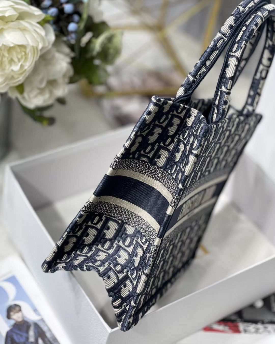 Dior Small Book Tote Bag In Blue Dior Oblique Embroidery