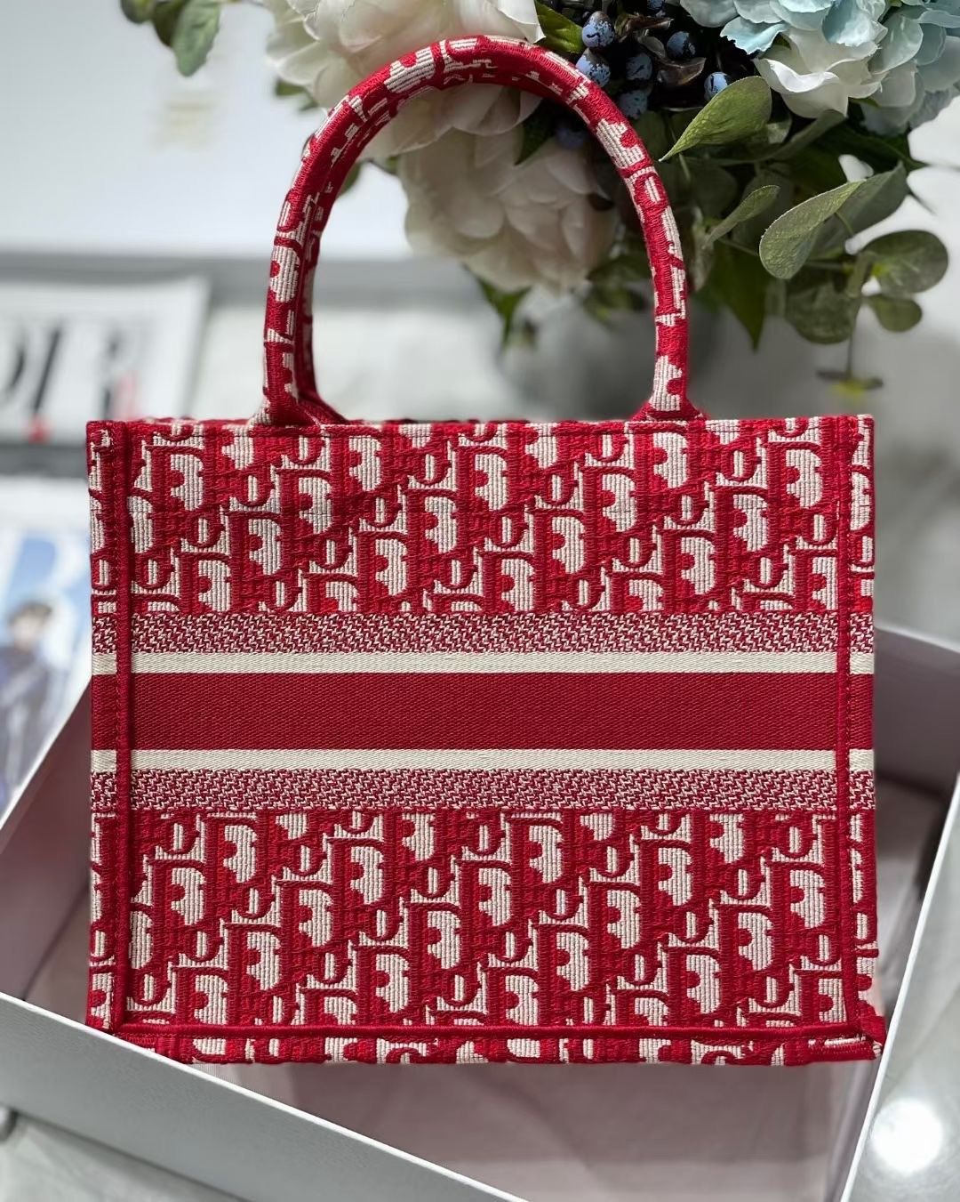 Dior Small Book Tote Bag In Burgundy Dior Oblique Embroidery