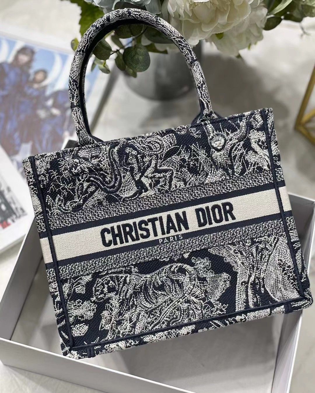 Dior Small Book Tote Bag In Blue Toile de Jouy Reverse Embroidery