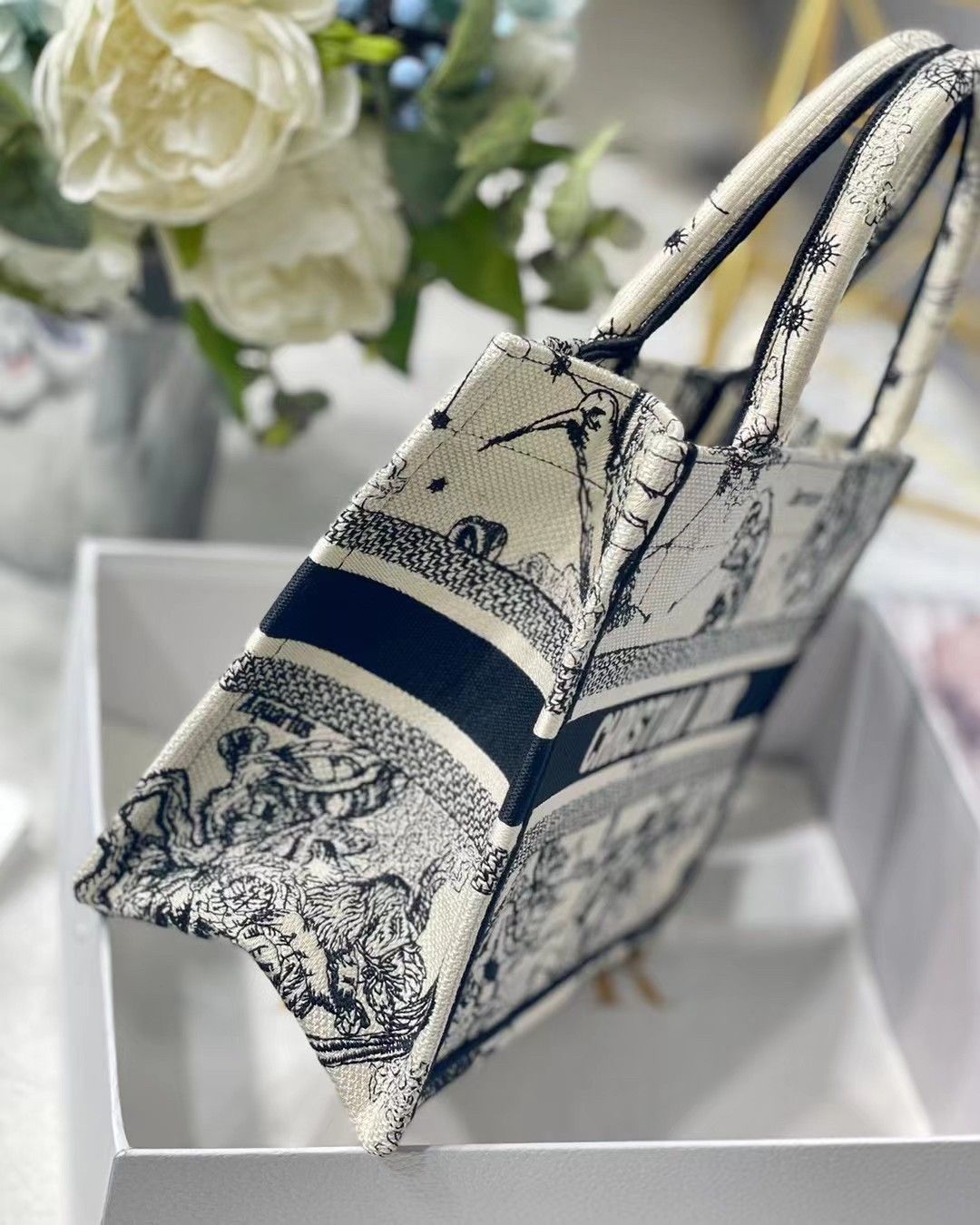 Dior Small Book Tote Bag In White Toile de Jouy Zodiac Embroidery