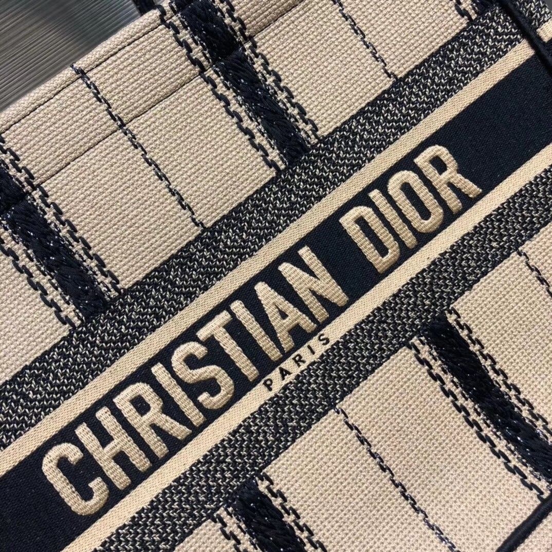 Dior Medium Book Tote Bag In Black and Beige Bayadère Embroidered