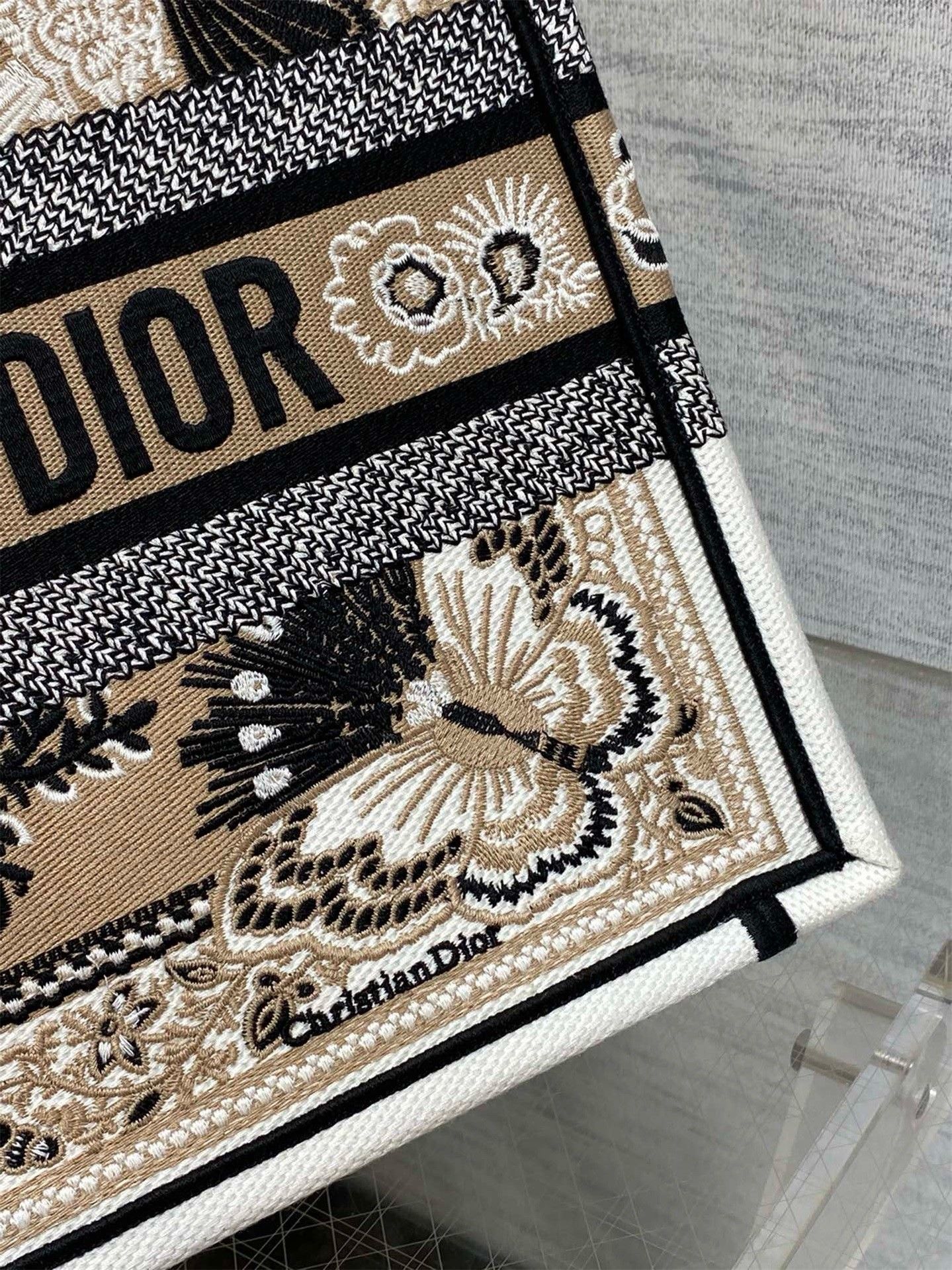 Dior Medium Book Tote Bag in Beige Butterfly Bandana Embroidery