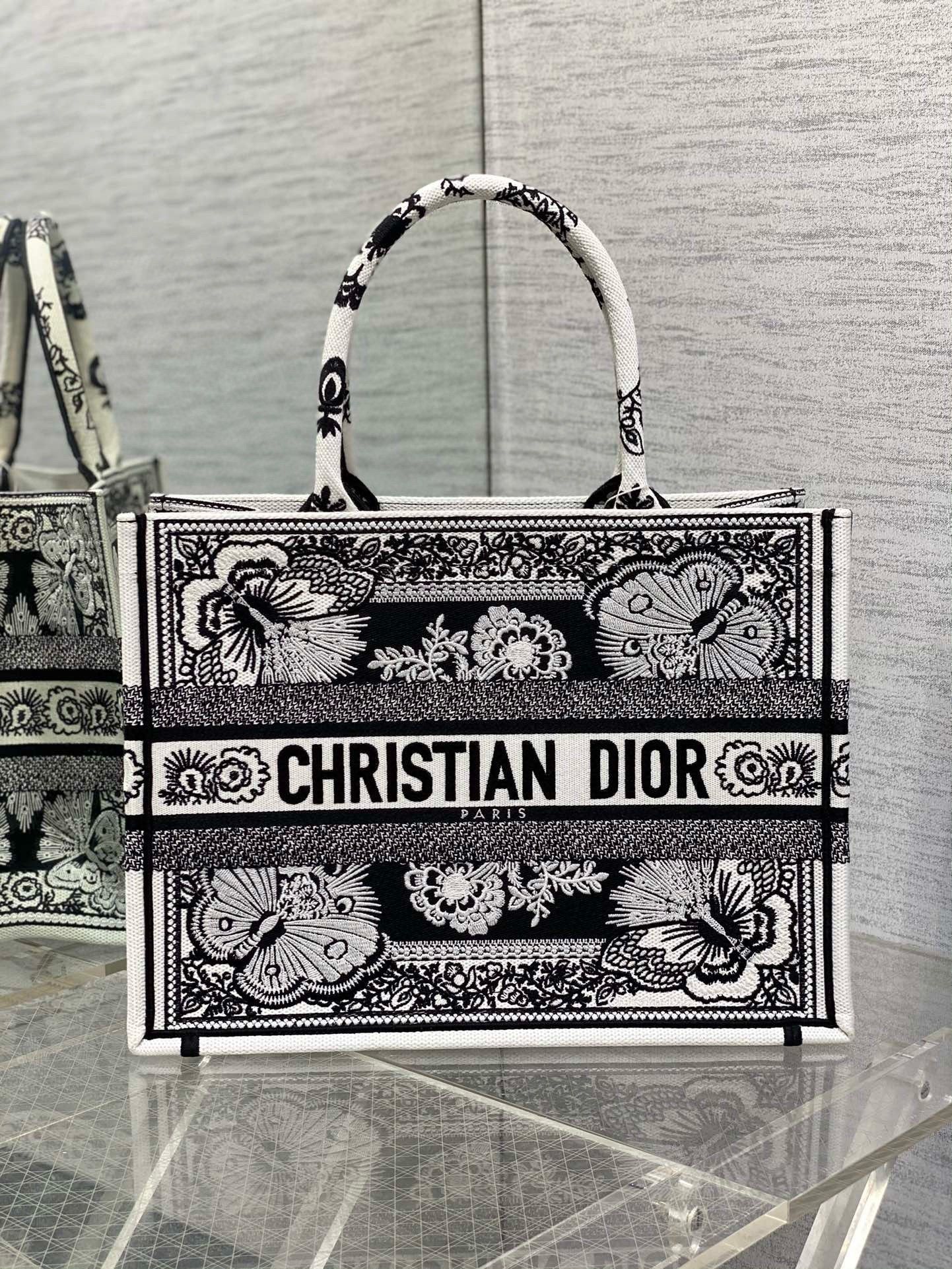 Dior Medium Book Tote Bag in Black and White Butterfly Bandana Embroidery