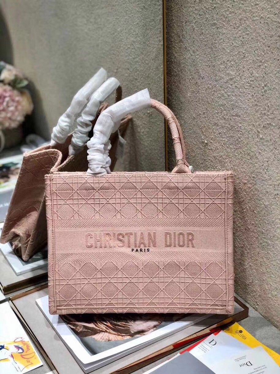 Dior Medium Book Tote Bag In Pink Cannage Embroidered Canvas