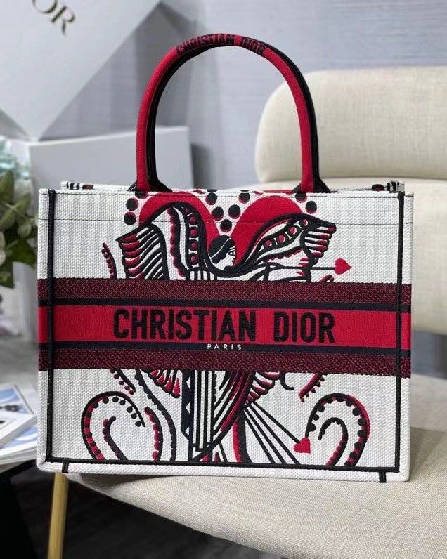 Dior Medium Book Tote Bag In Latte Multicolor Cupidon Embroidery