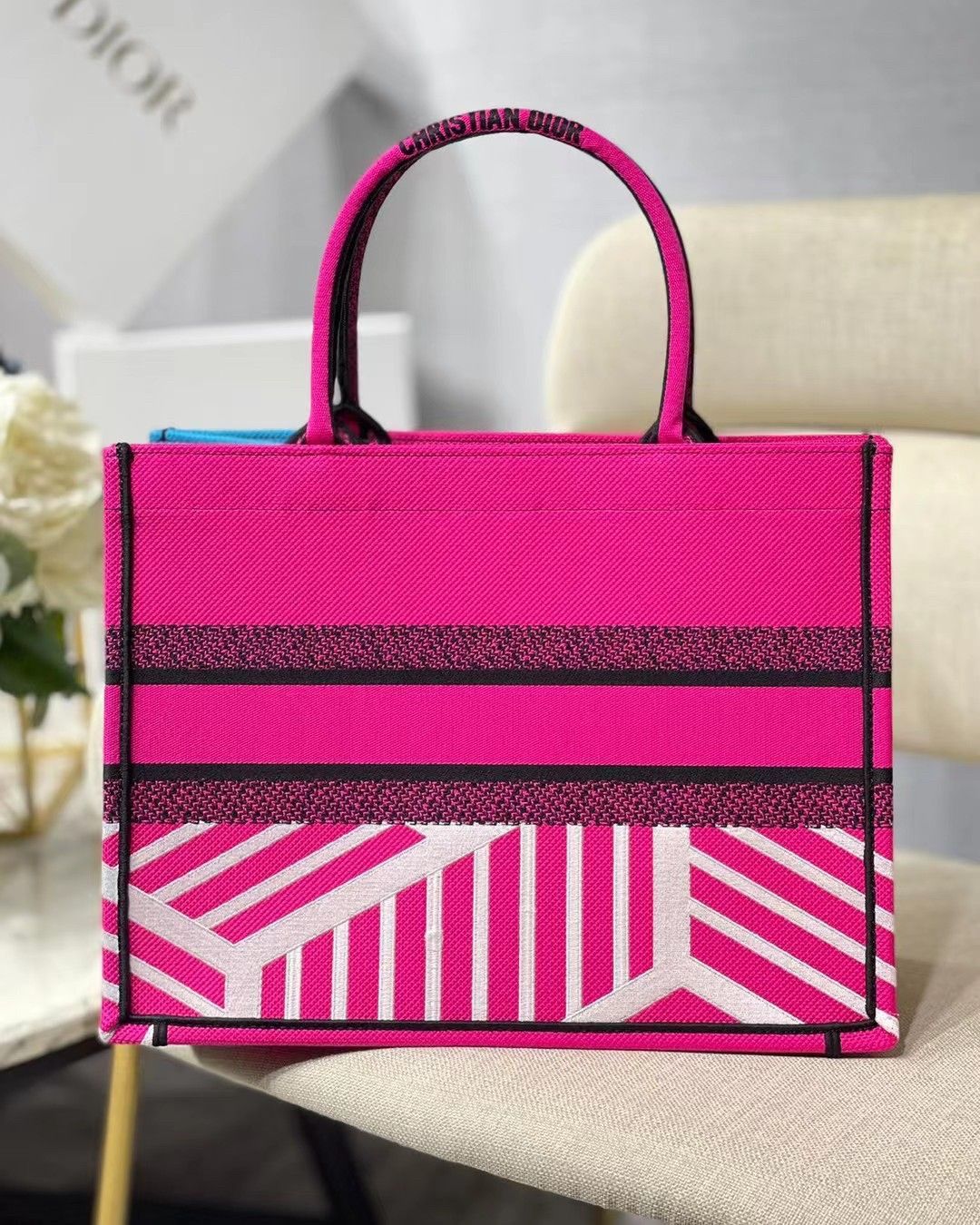 Dior Medium Book Tote Bag In Pink D-Jungle Pop Embroidery