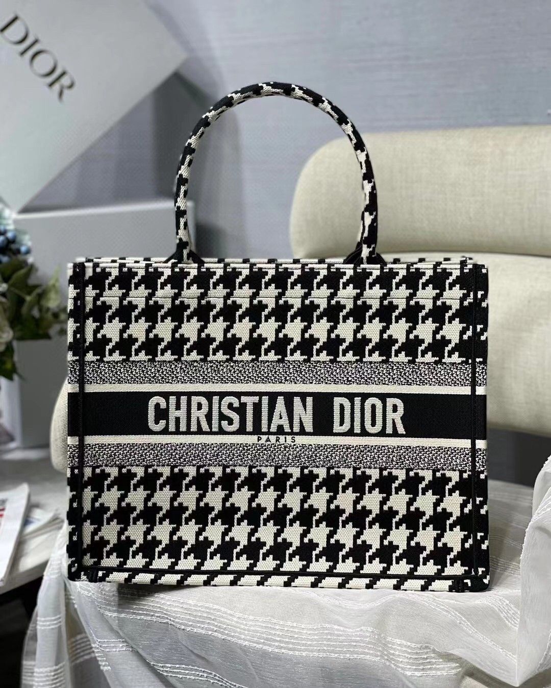 Dior Medium Book Tote Bag In Black Houndstooth Embroidery