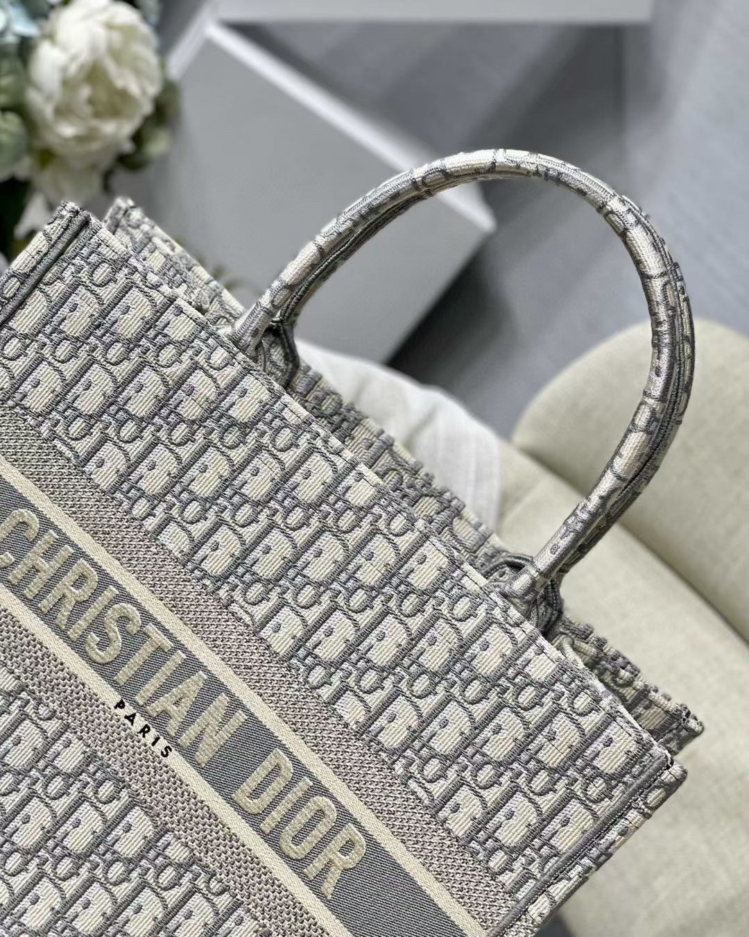 Dior Medium Book Tote Bag In Grey Dior Oblique Embroidery