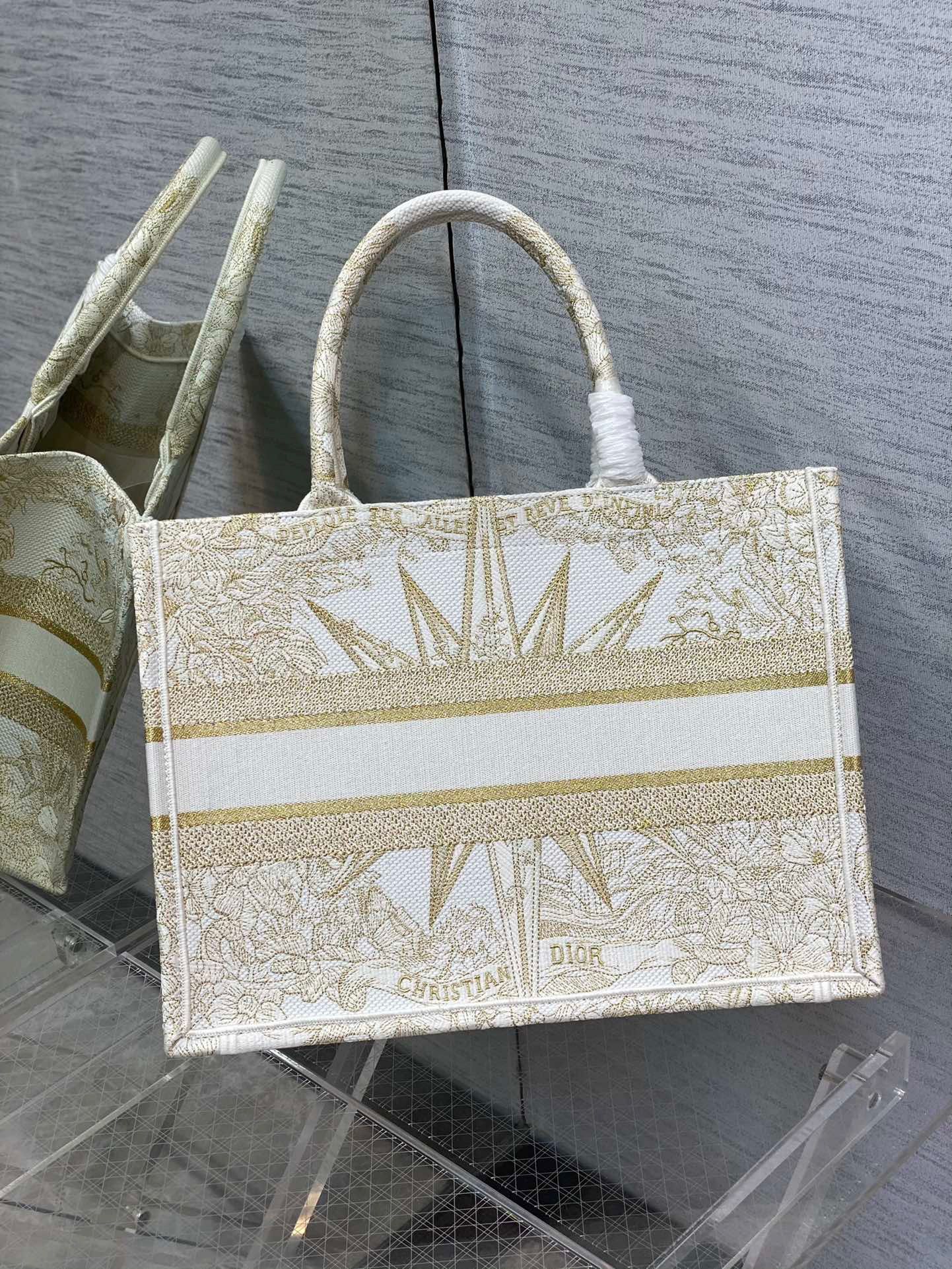 Dior Medium Book Tote Bag In Gold Rêve d'Infini Embroidery