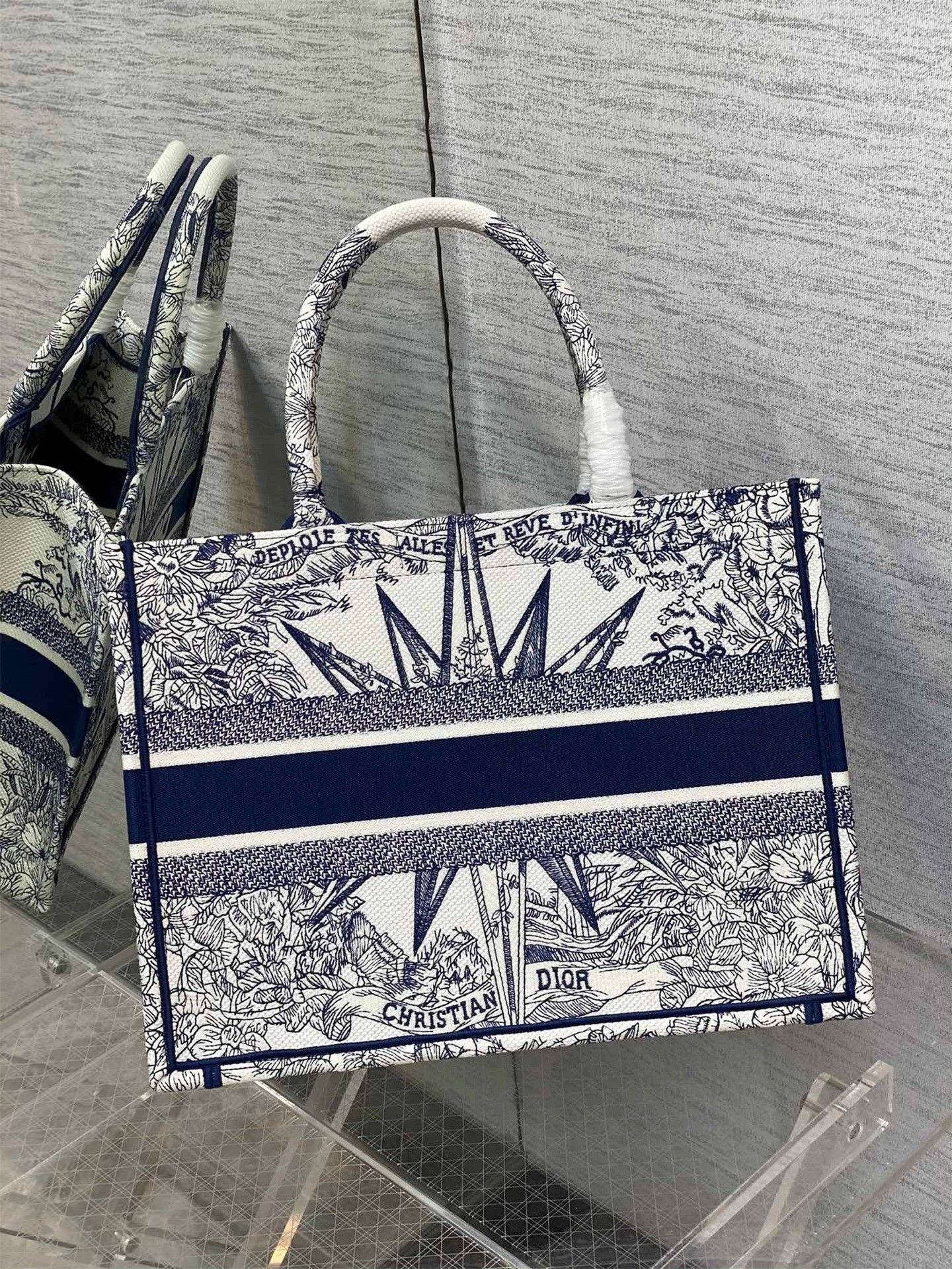 Dior Medium Book Tote Bag In White & Blue Rêve d'Infini Embroidery