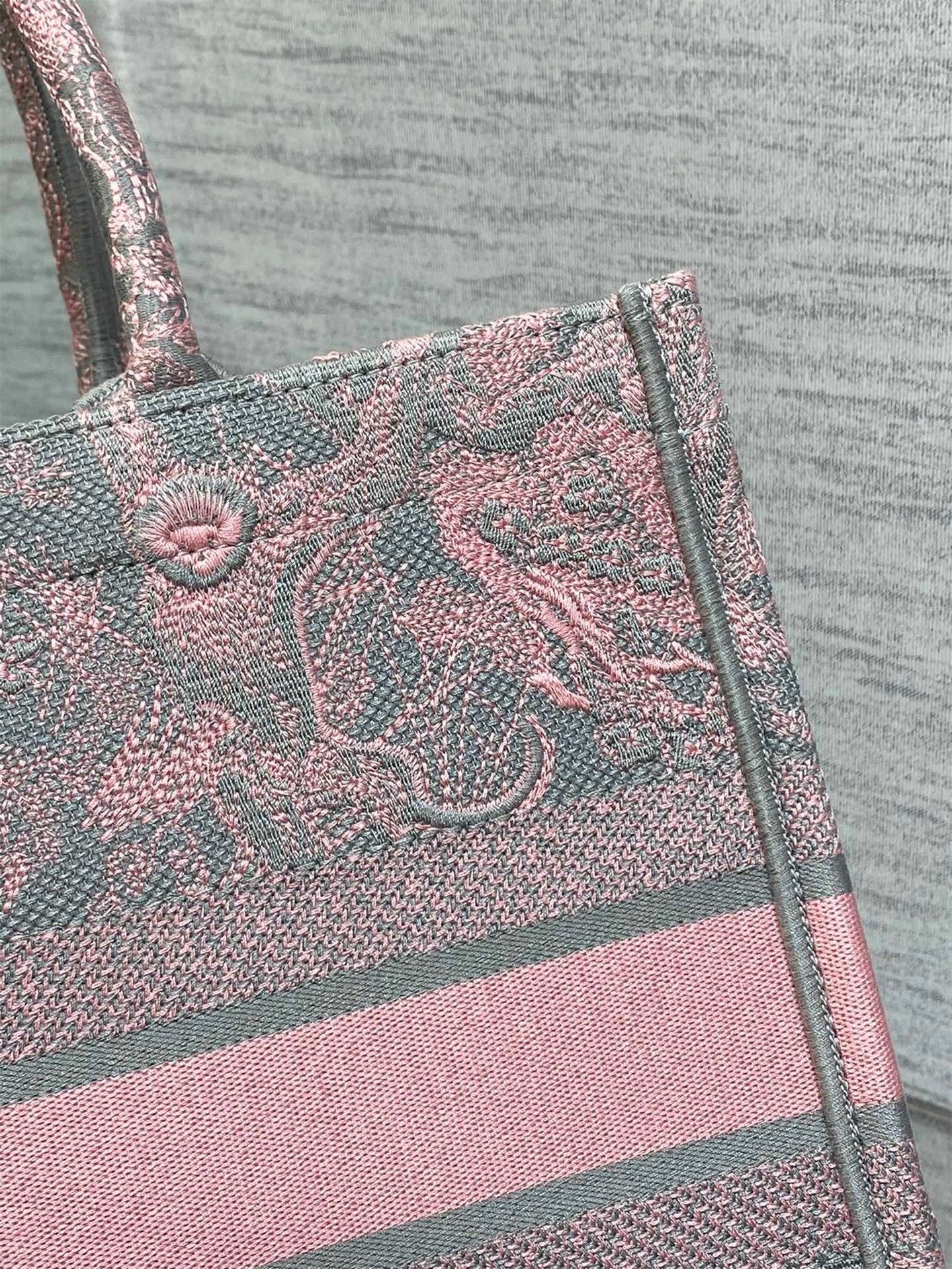 Dior Medium Book Tote Bag in Grey and Pink Toile de Jouy Reverse Embroidery