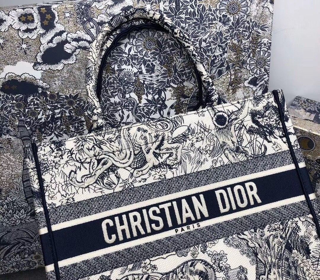 Dior Medium Book Tote Bag In Blue Toile De Jouy Embroidery