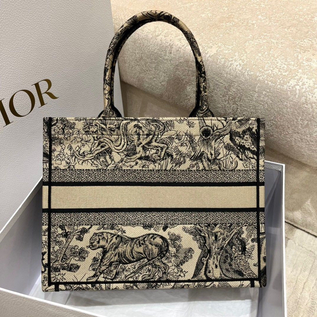 Dior Medium Book Tote Bag In Brown Toile de Jouy Embroidery